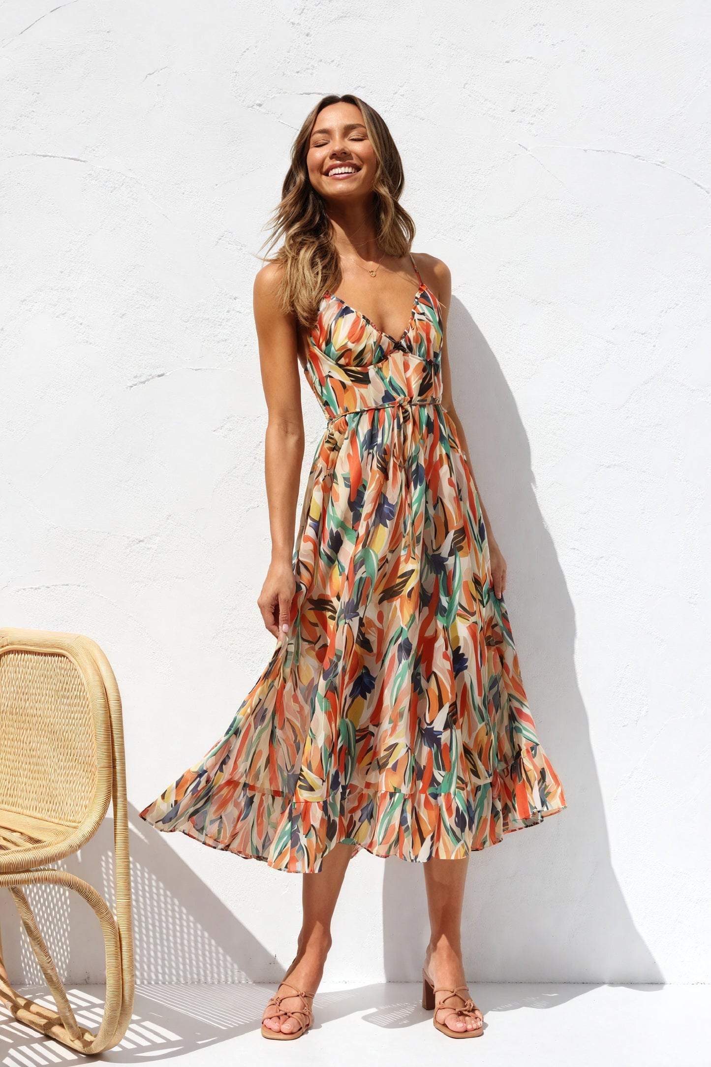Abstract Print Maxi Dress with V-Neck