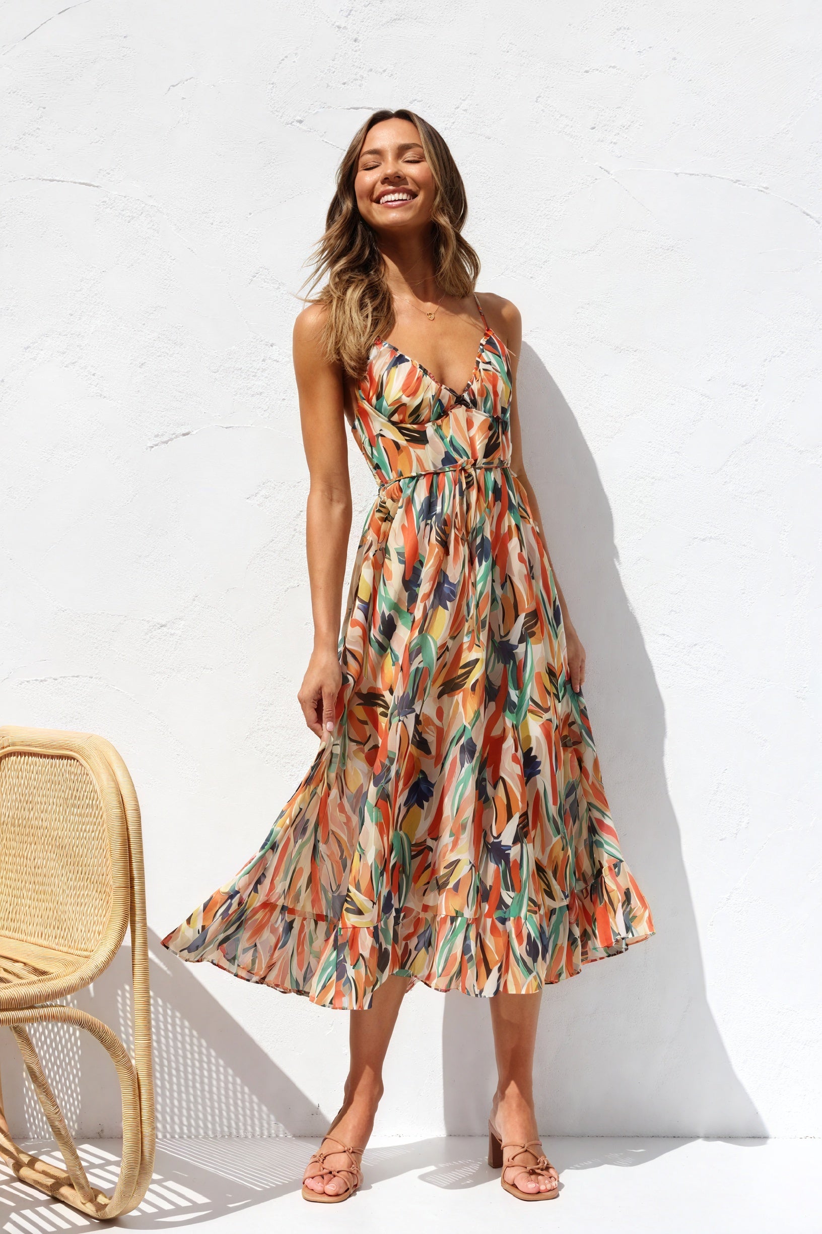 Abstract Print Maxi Dress with V-Neck