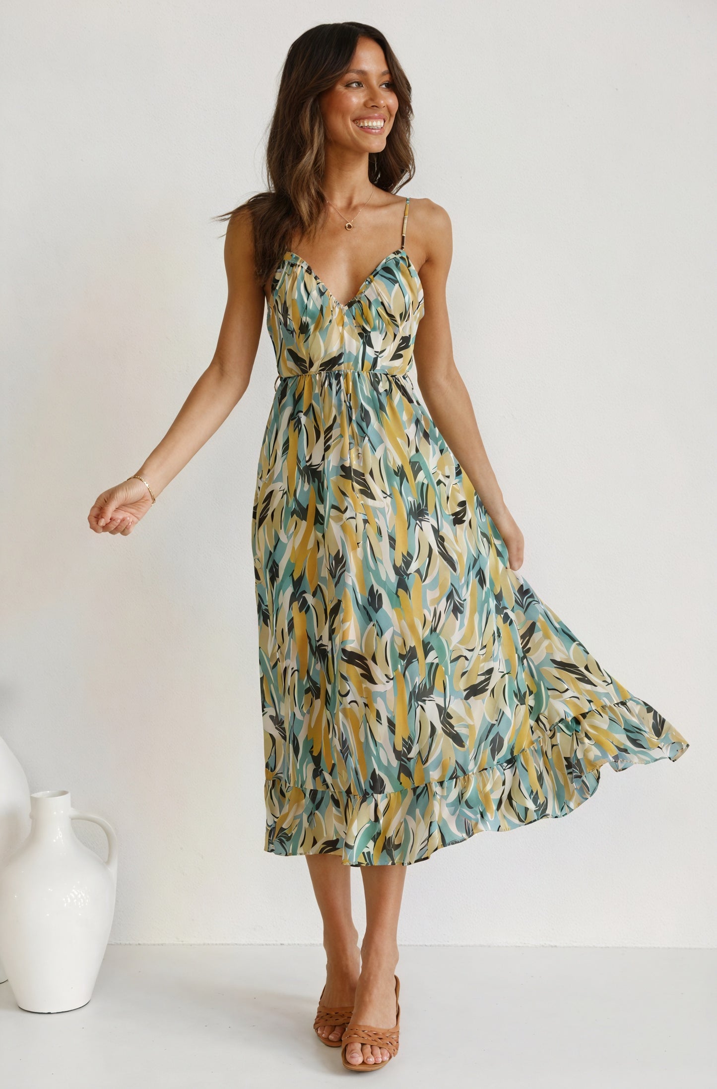 Abstract Print Maxi Dress with V-Neck