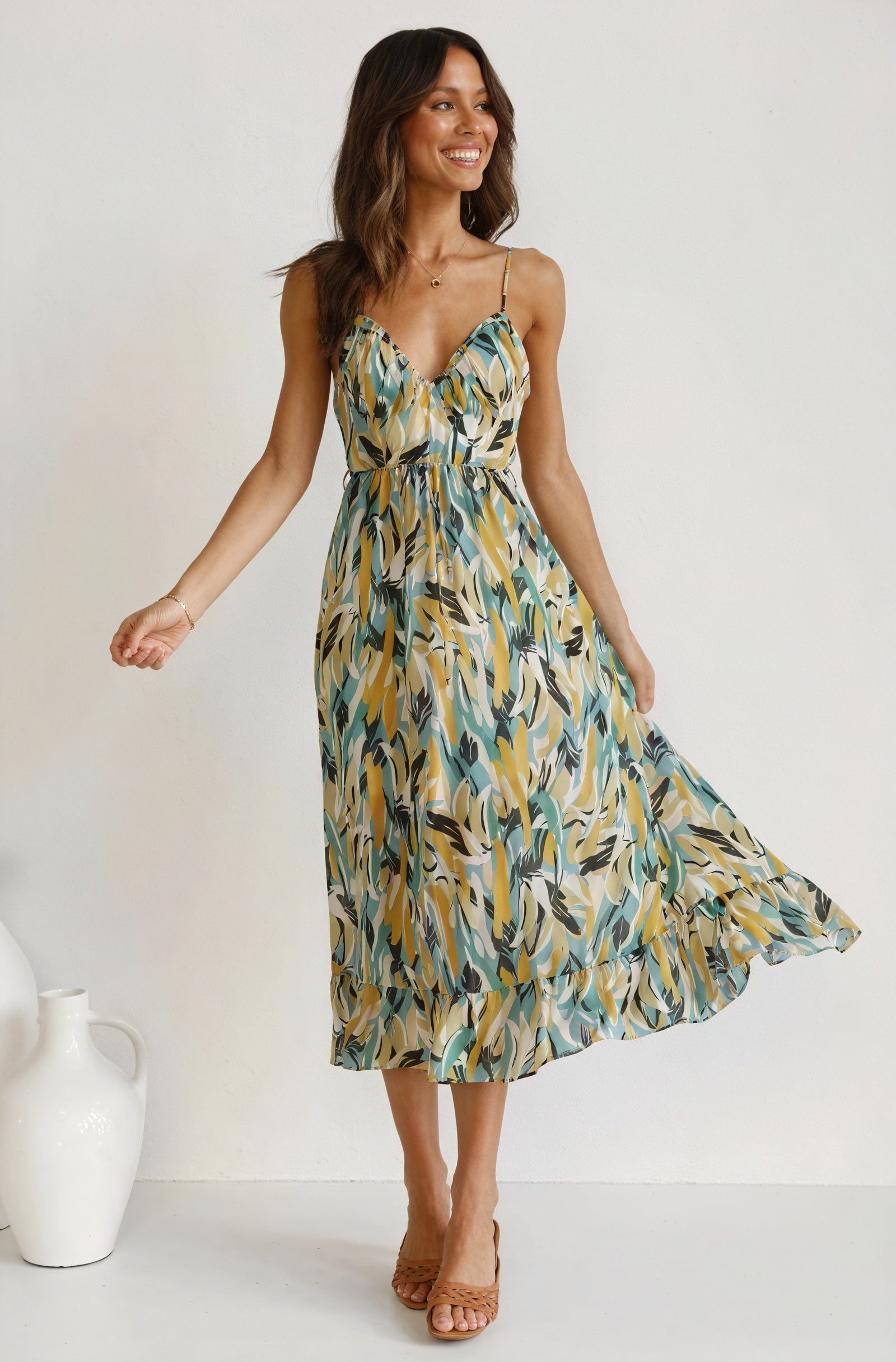 Abstract Print Maxi Dress with V-Neck
