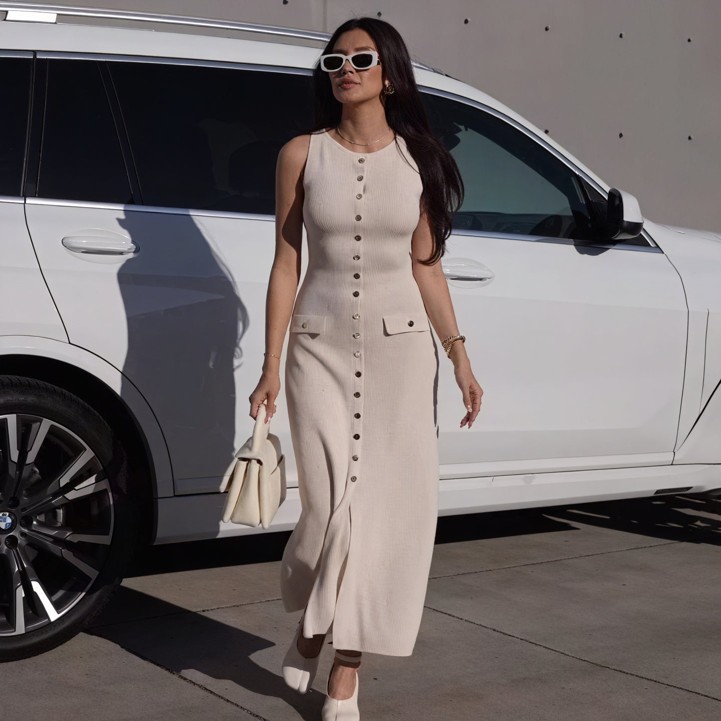 Tailored Knit Midi Dress - Button-Down Design