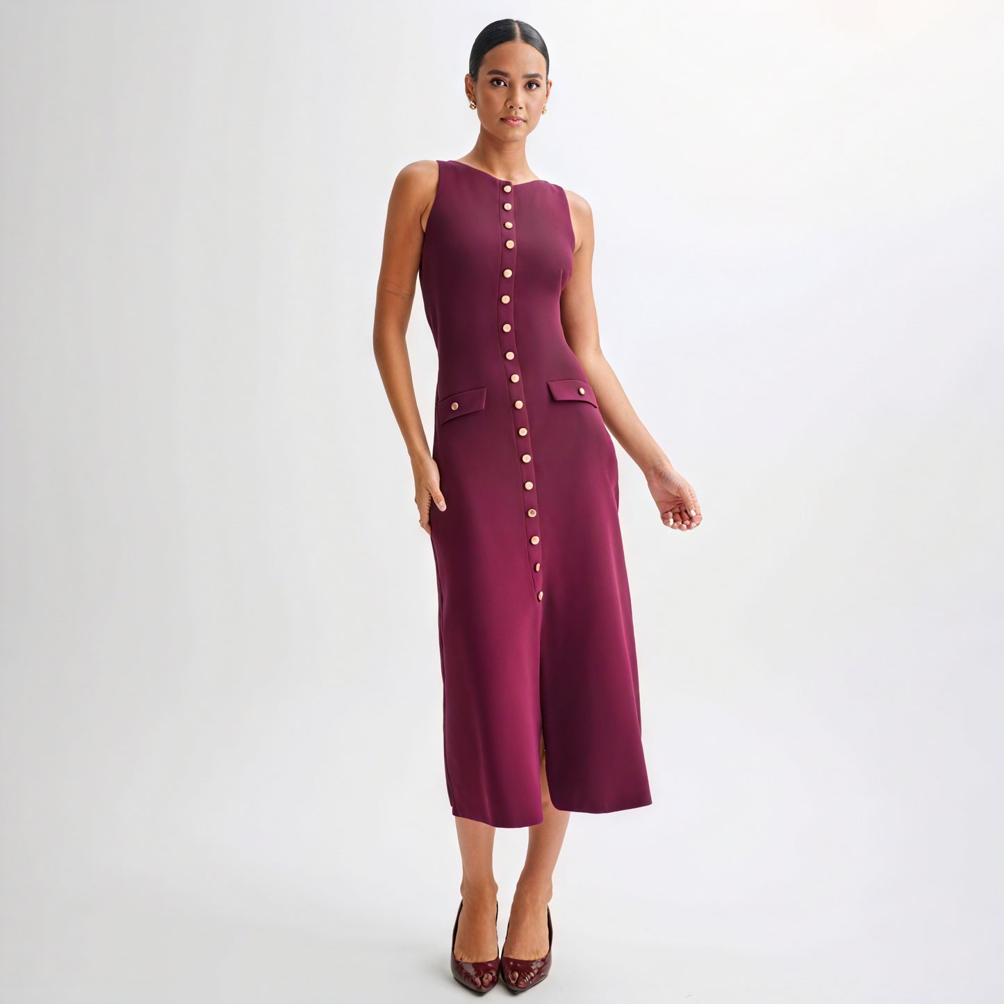 Tailored Knit Midi Dress - Button-Down Design