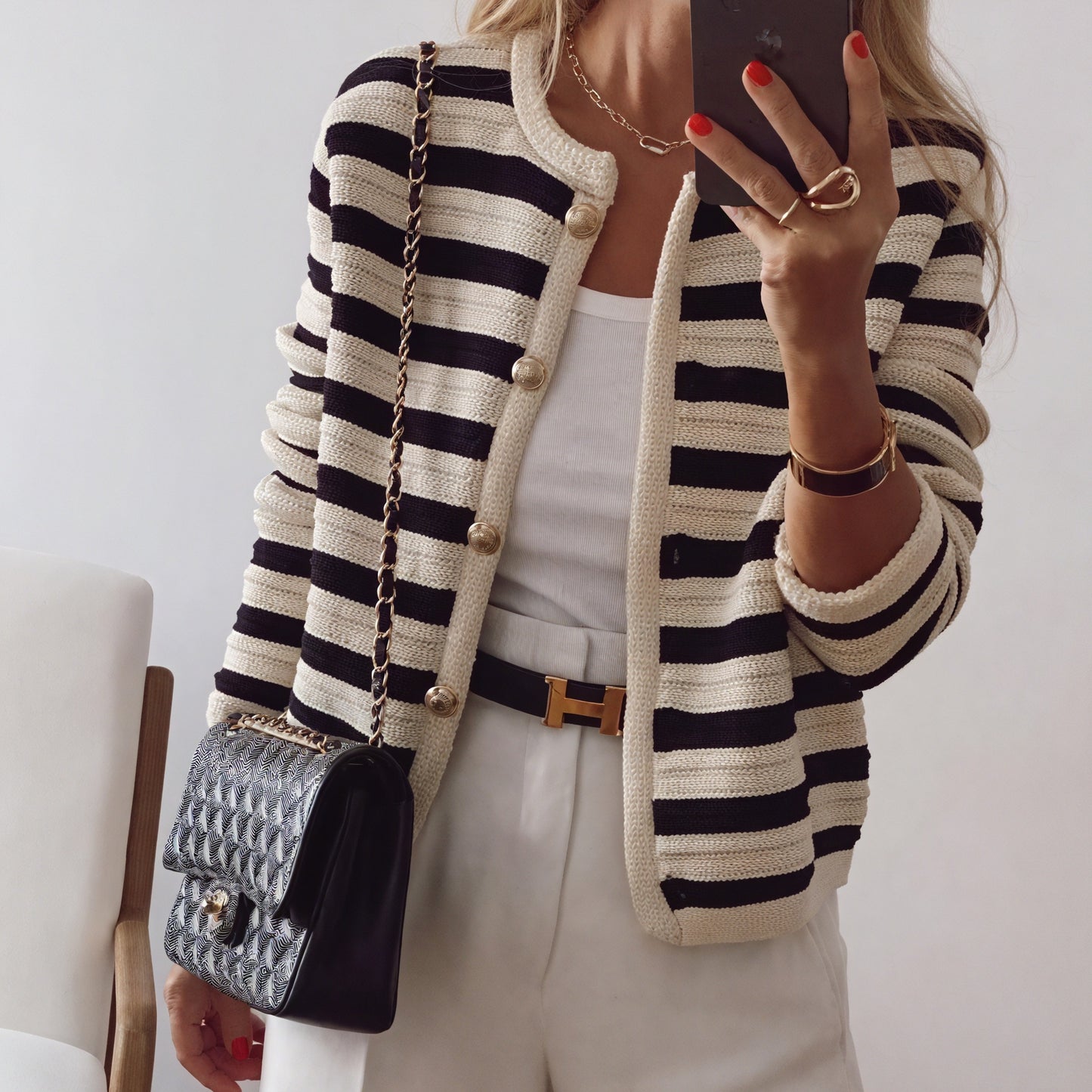 Striped Knit Jacket - Gold Button Detail