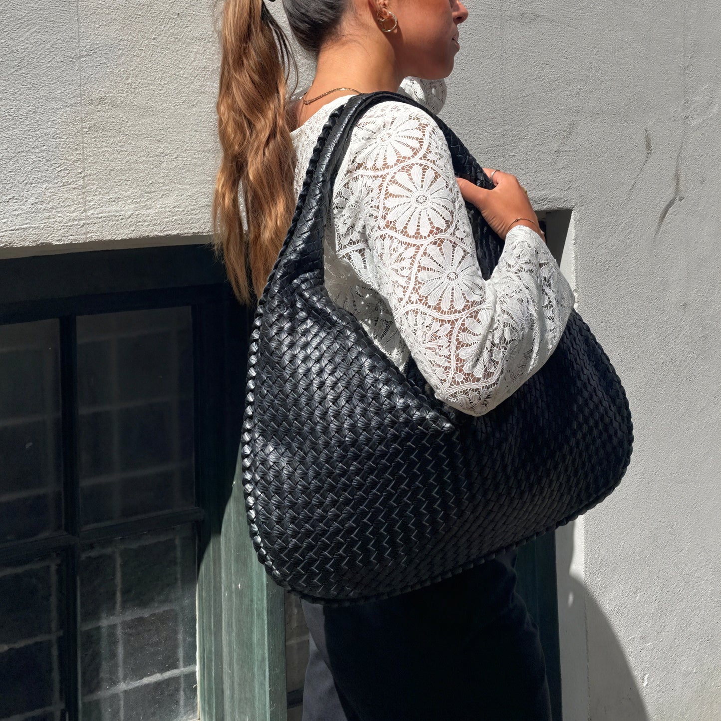 Woven Crescent Bag - Slouchy Hobo with Wide Strap