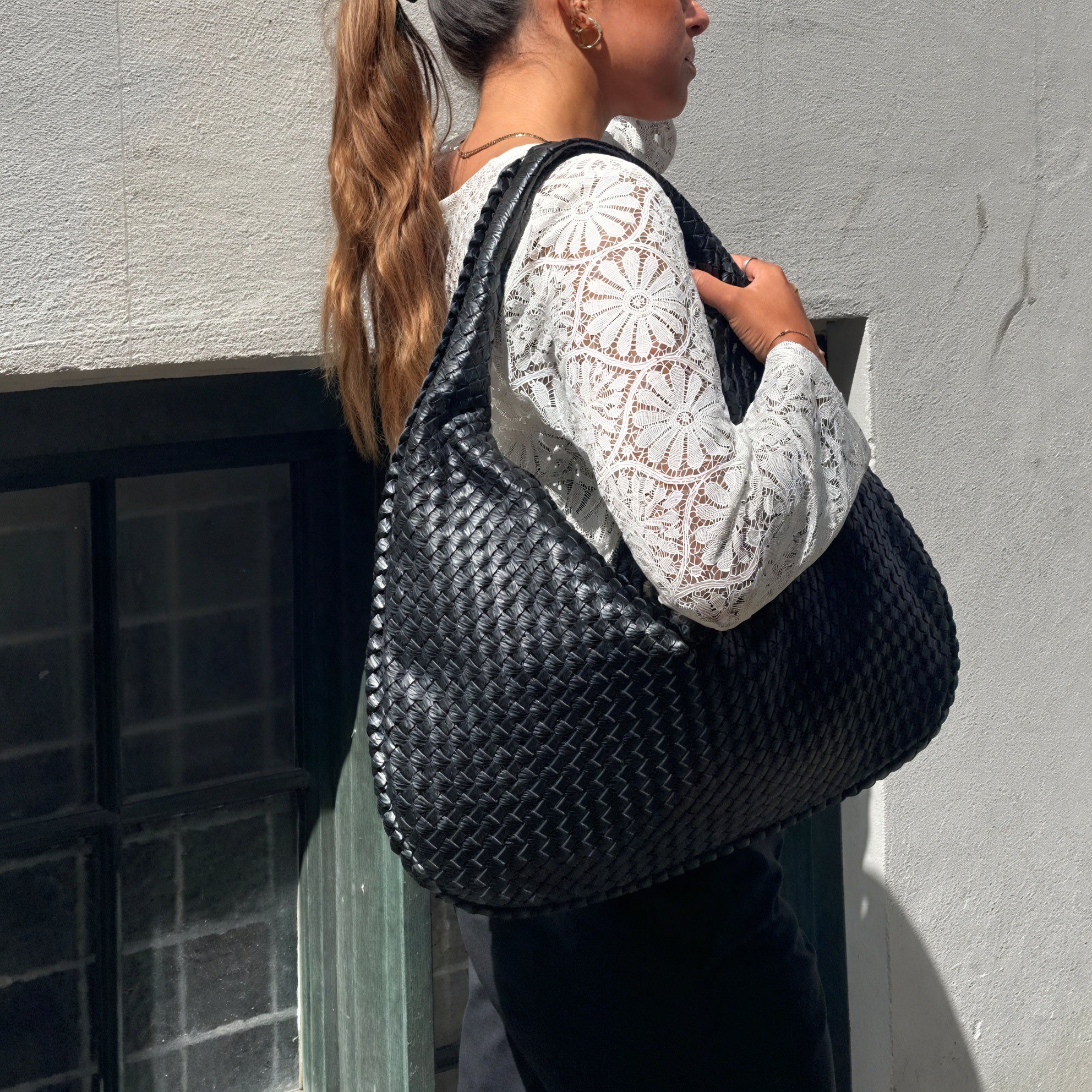 Woven Crescent Bag - Slouchy Hobo with Wide Strap