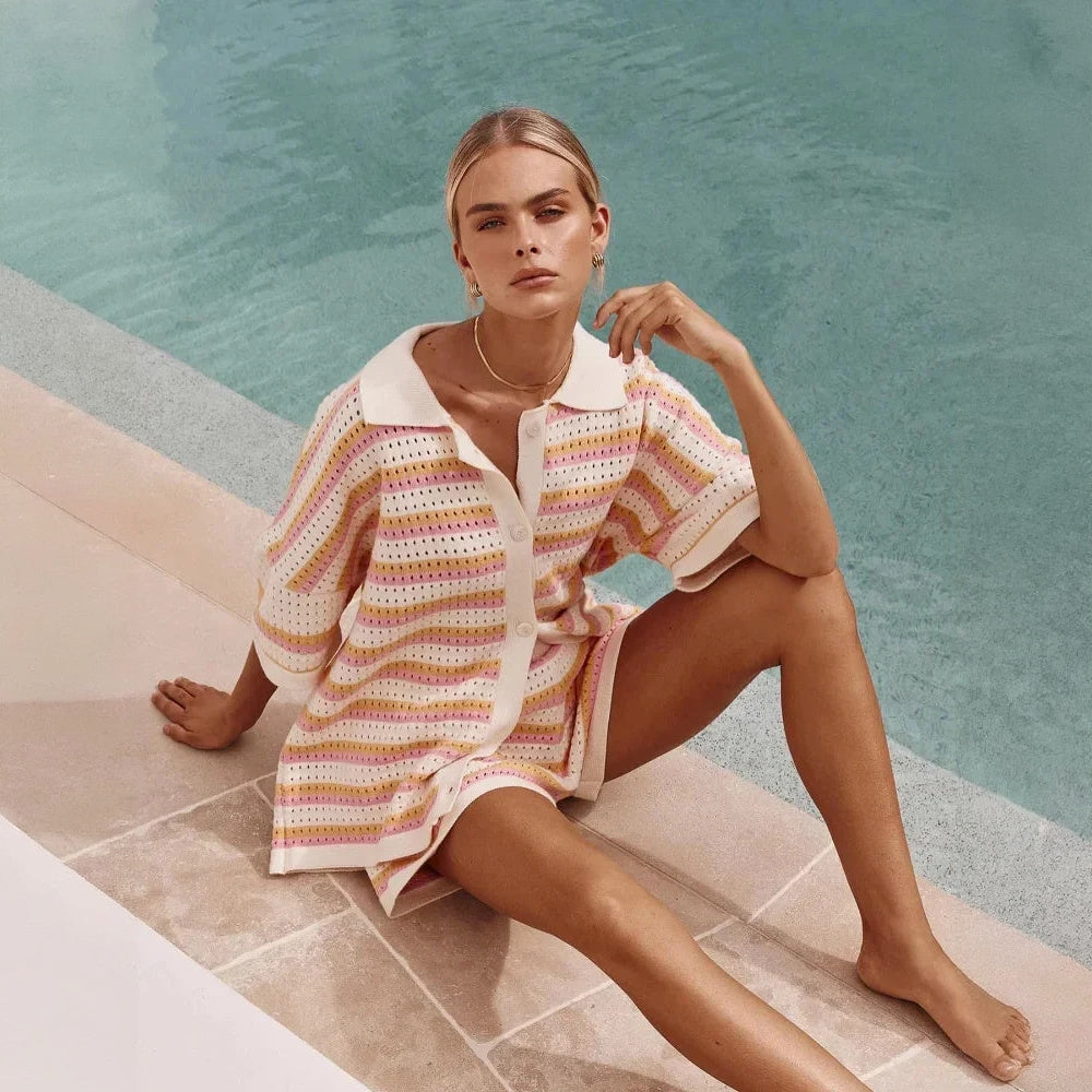 Striped Knit Set - Collared Top & Shorts