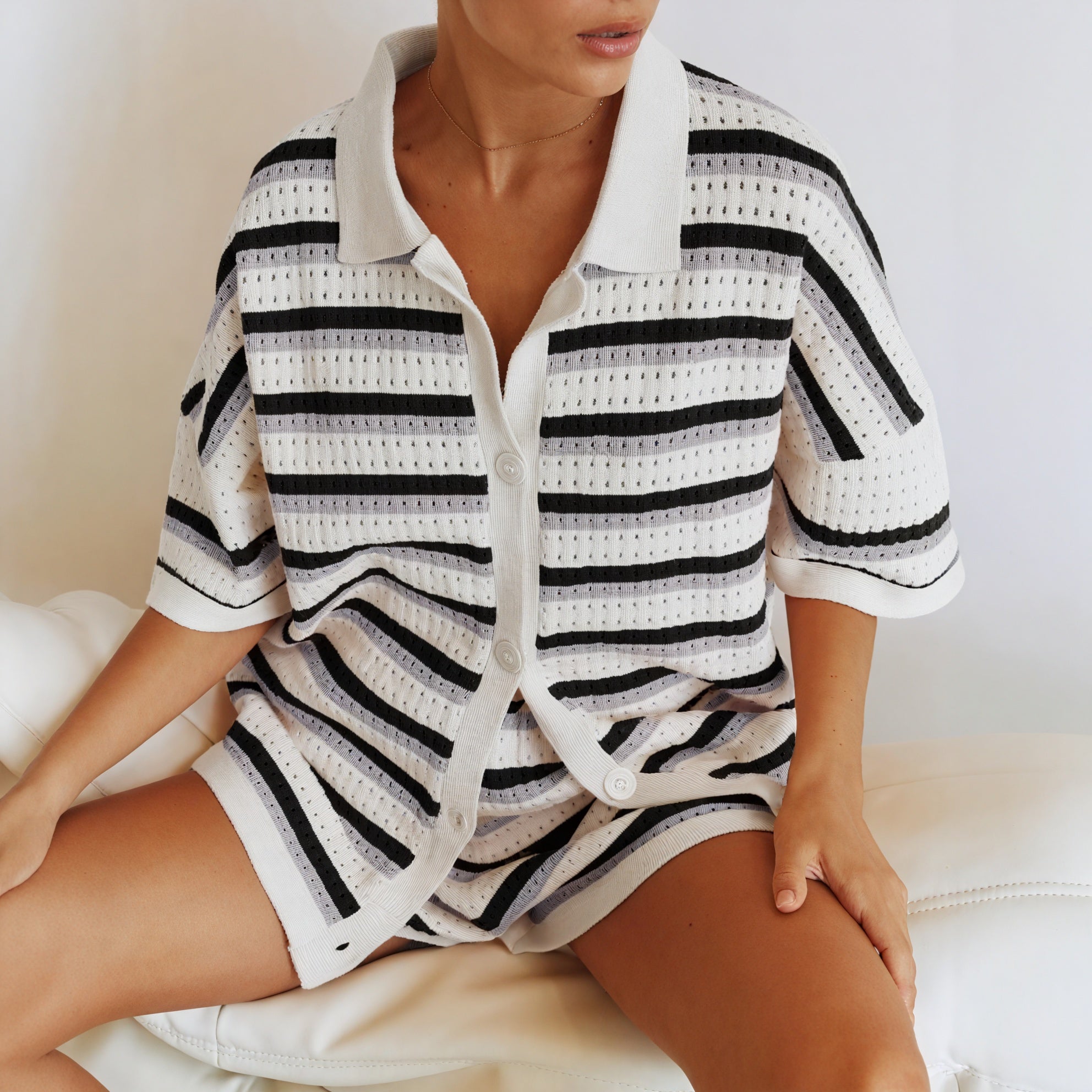 Striped Knit Set - Collared Top & Shorts
