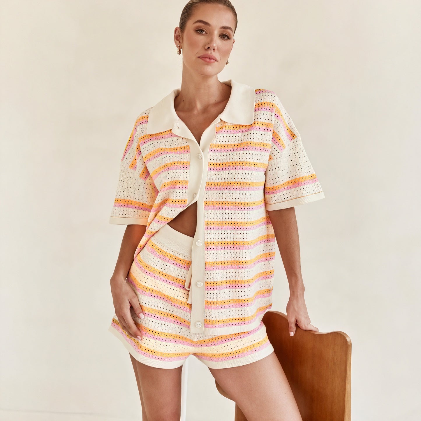 Striped Knit Set - Collared Top & Shorts