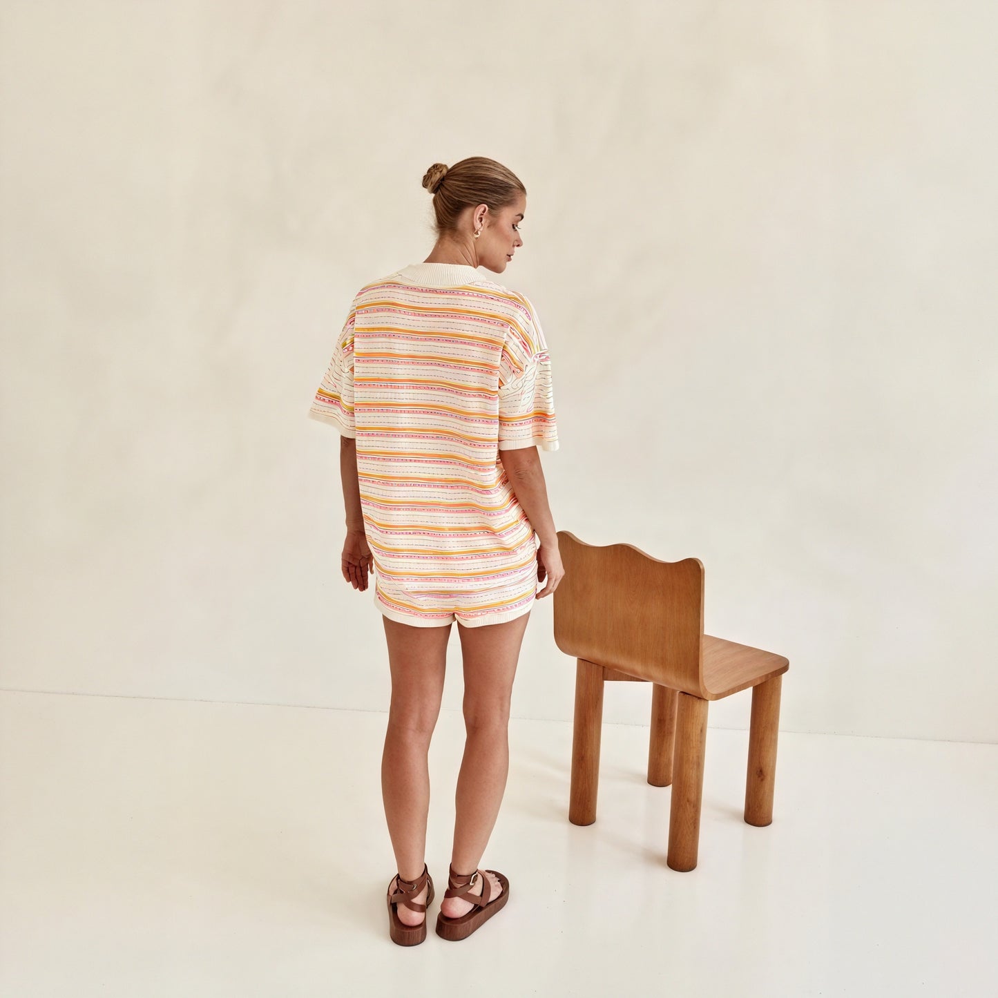 Striped Knit Set - Collared Top & Shorts