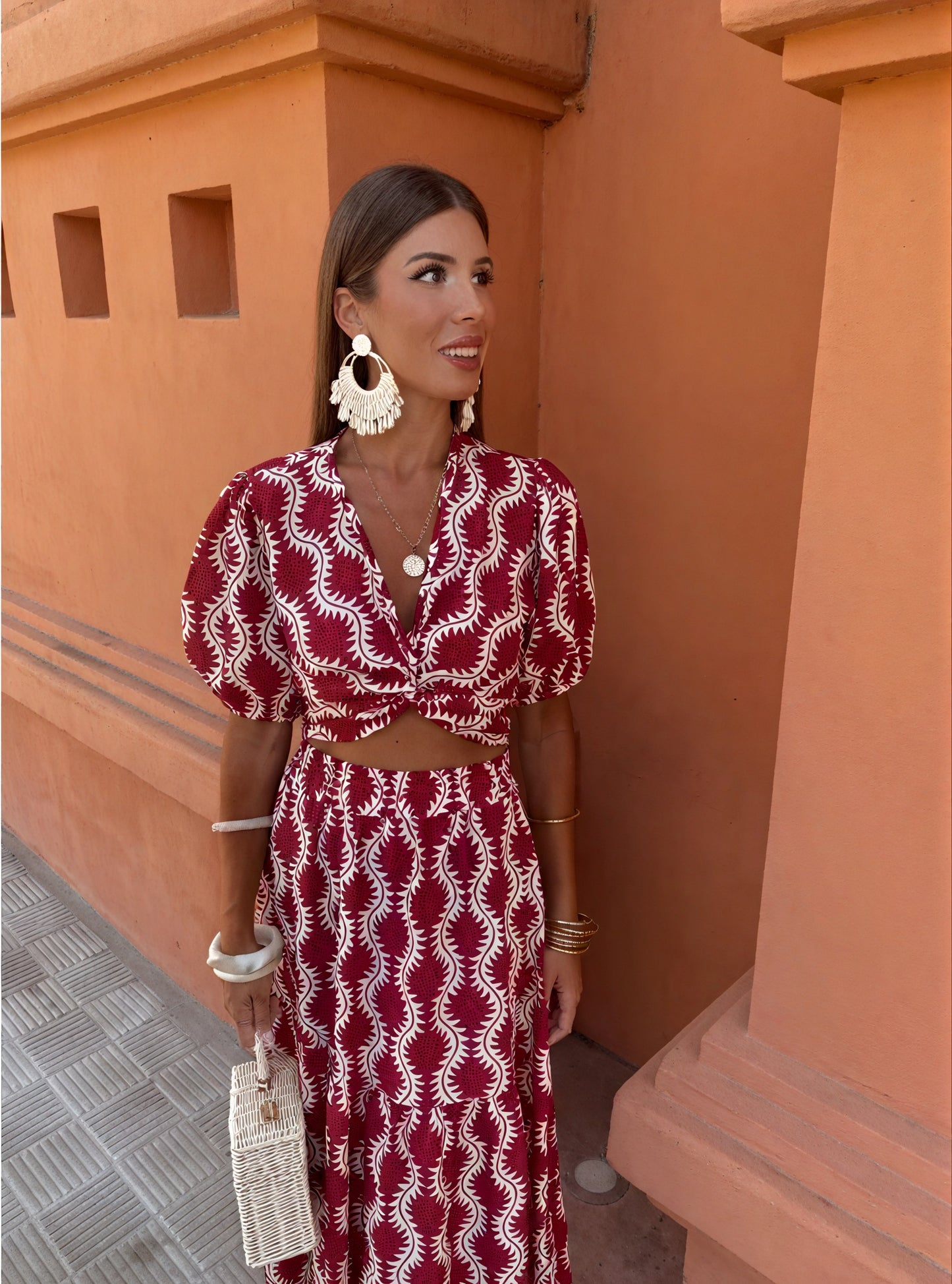 Knotted Crop Top & Maxi Skirt Set - Burgundy