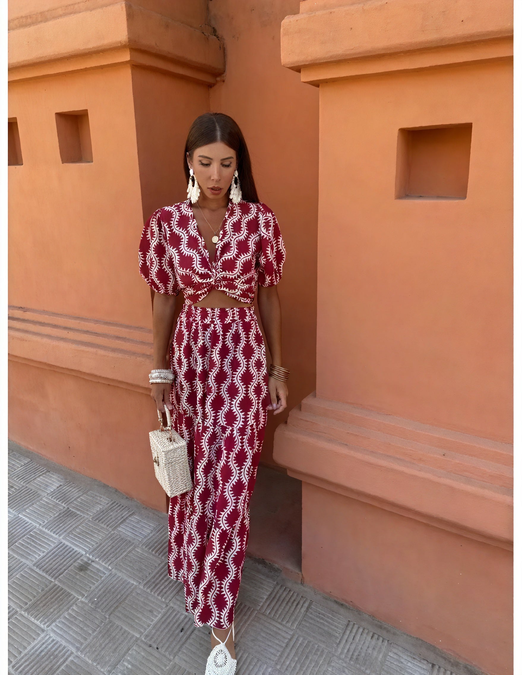Knotted Crop Top & Maxi Skirt Set - Burgundy