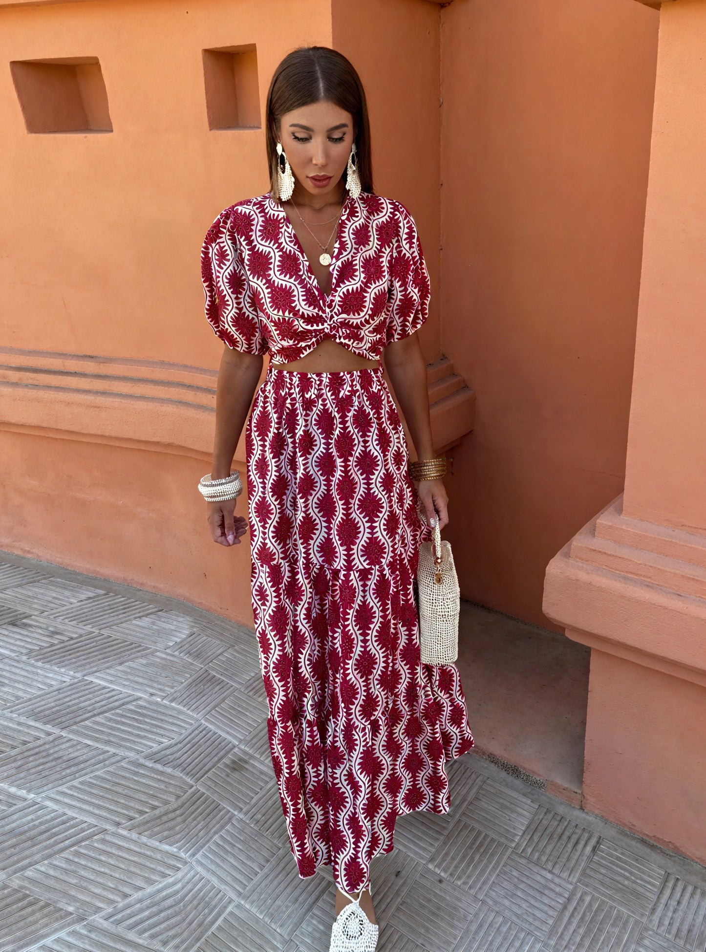 Knotted Crop Top & Maxi Skirt Set - Burgundy