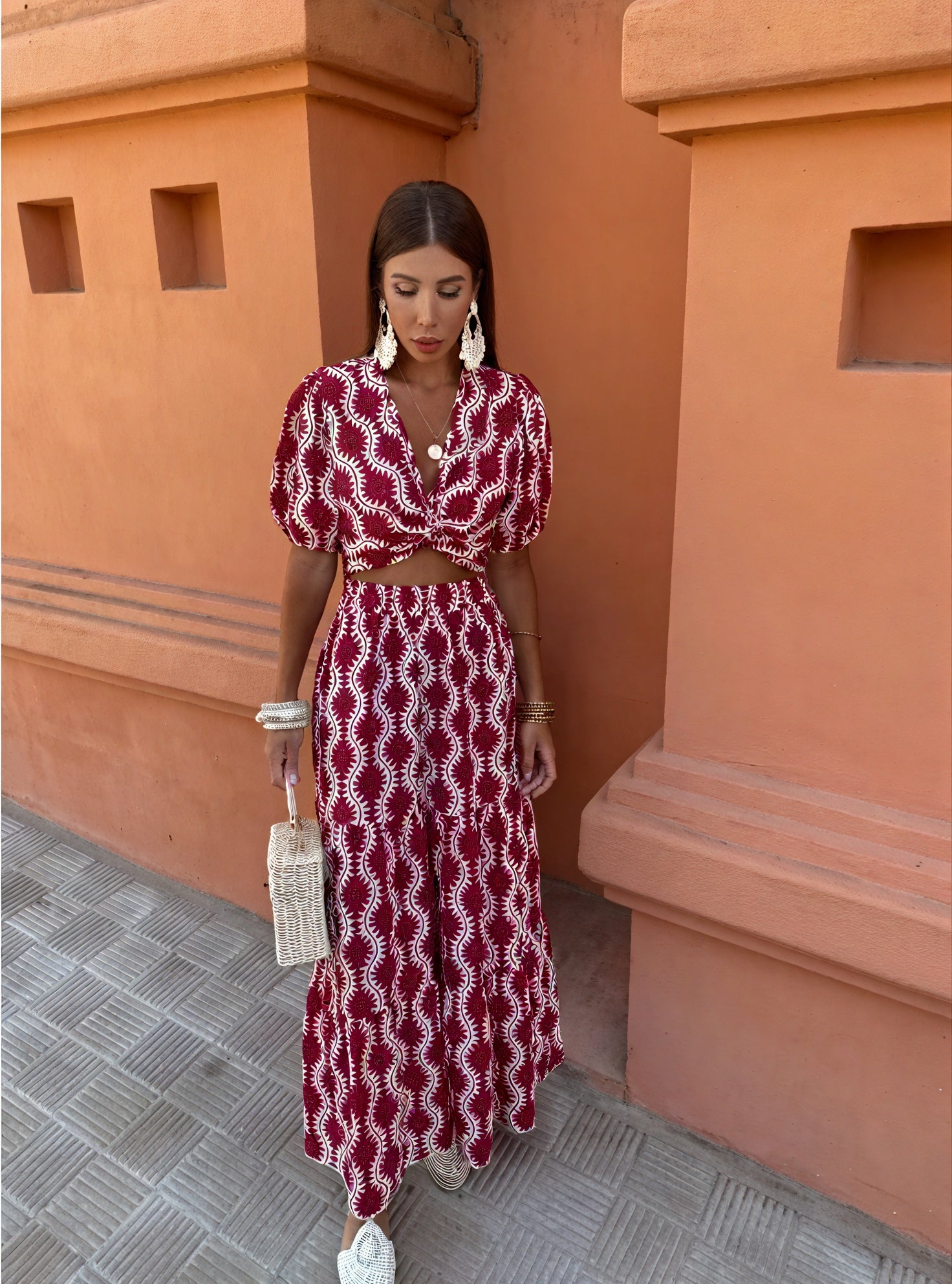 Knotted Crop Top & Maxi Skirt Set - Burgundy