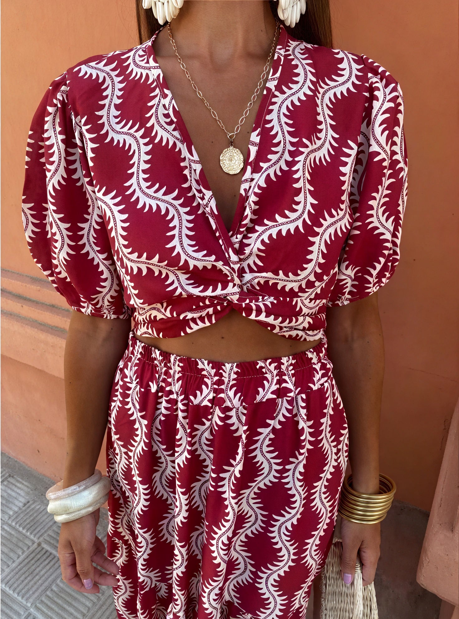 Knotted Crop Top & Maxi Skirt Set - Burgundy