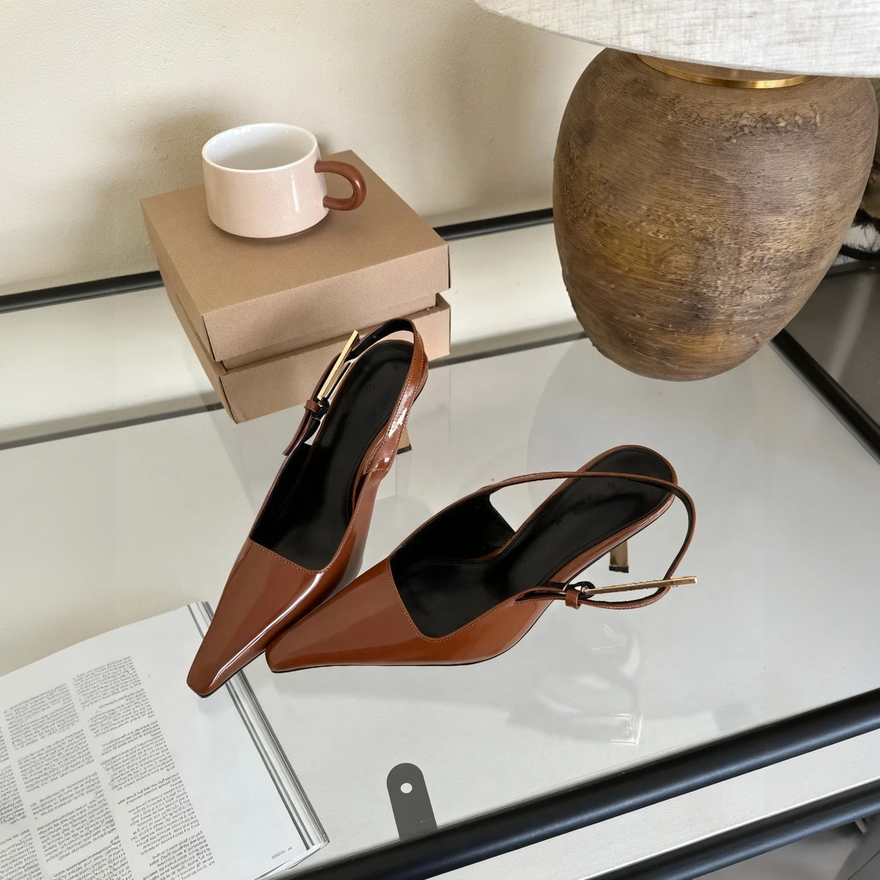 Pointed Slingback Heels - High Heel, Gold Accent