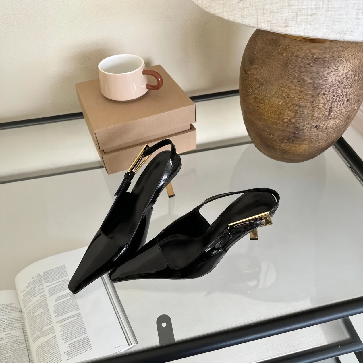 Pointed Slingback Heels - High Heel, Gold Accent