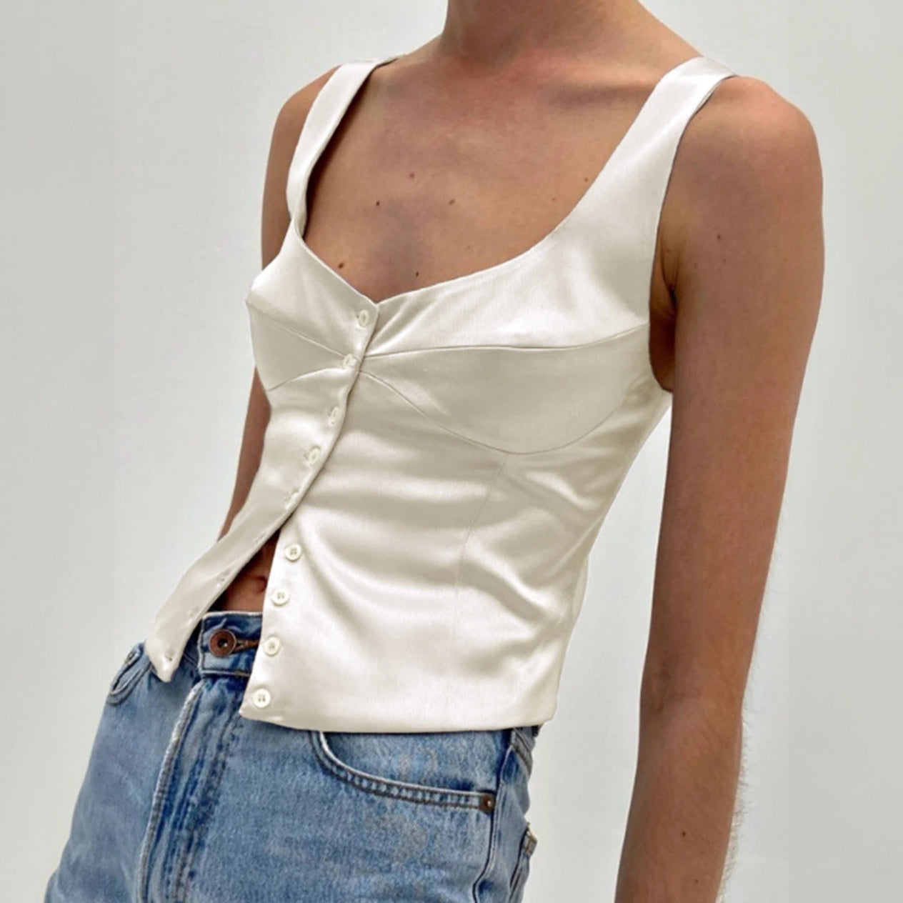 Square Neck Button-Down Fitted Top