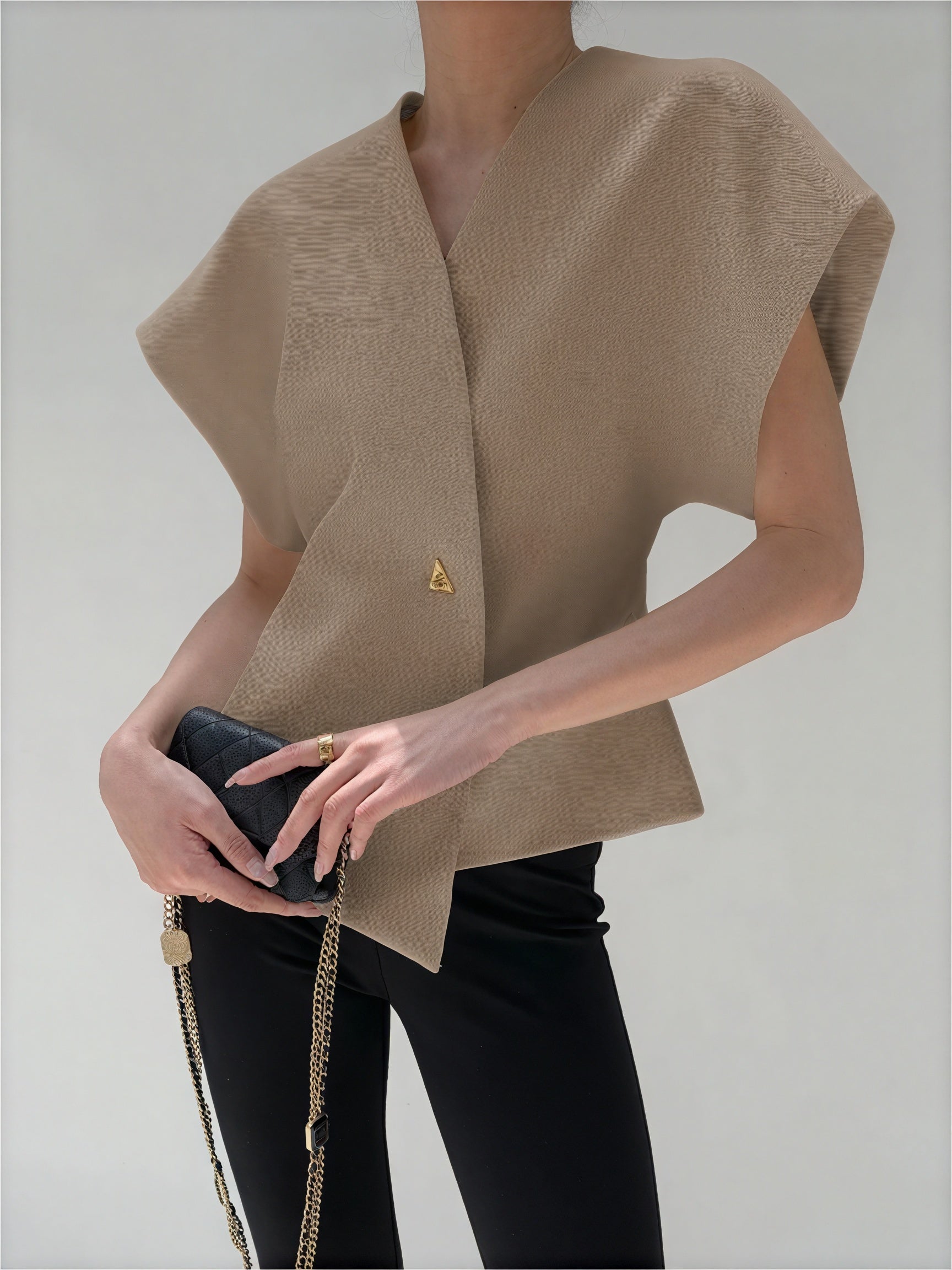 Structured Sleeve Wrap Top - Gold Detail