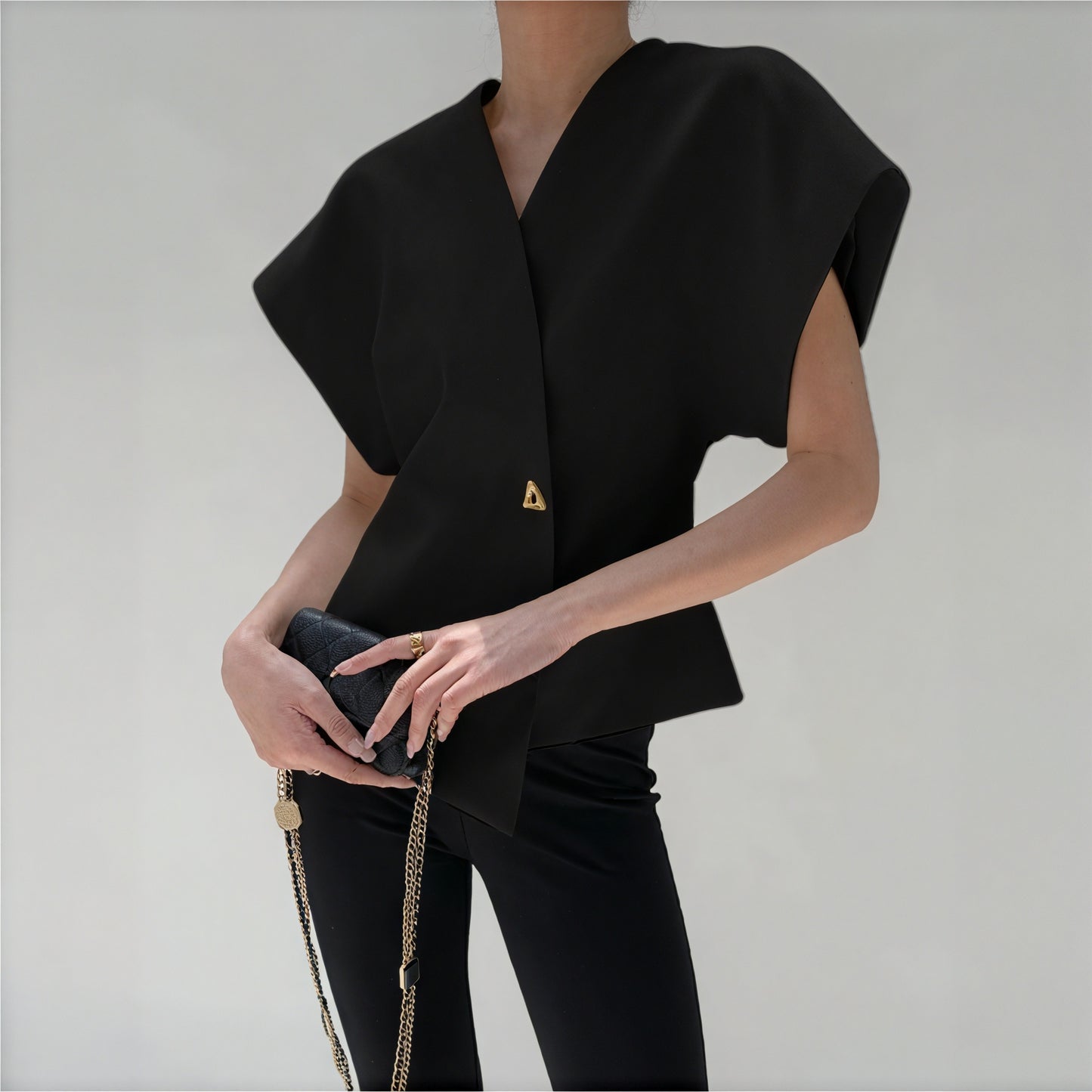 Structured Sleeve Wrap Top - Gold Detail