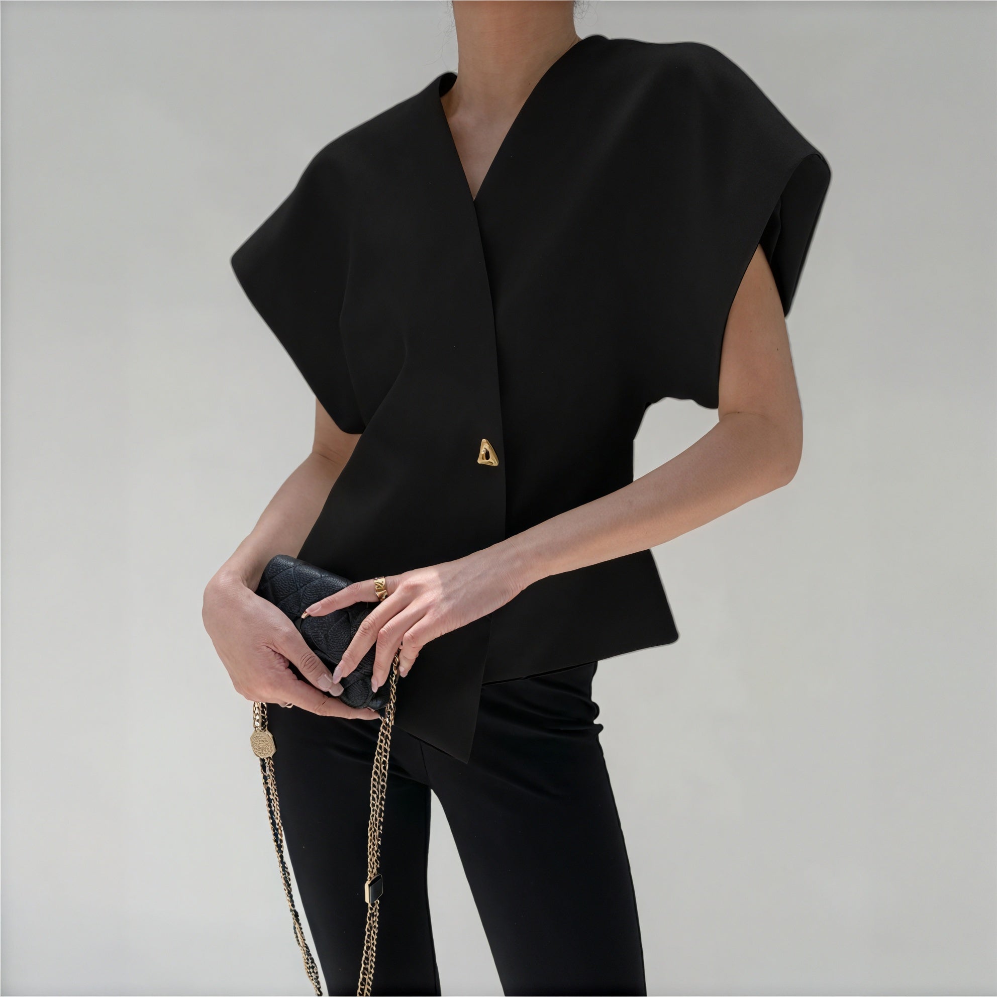 Structured Sleeve Wrap Top - Gold Detail