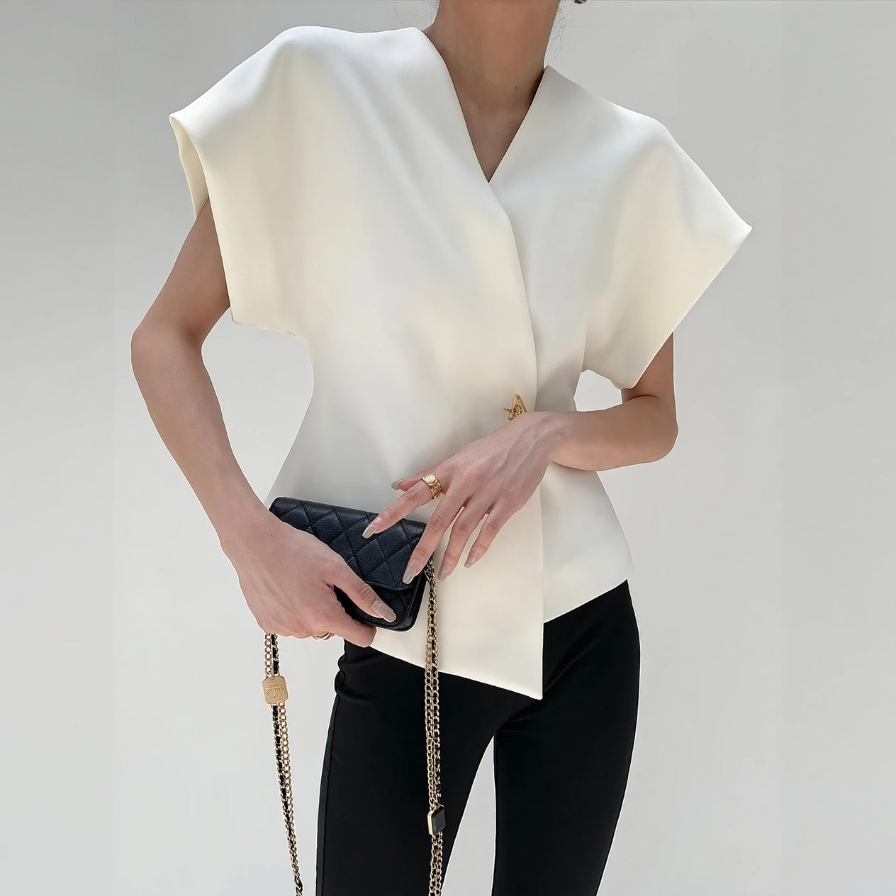 Structured Sleeve Wrap Top - Gold Detail