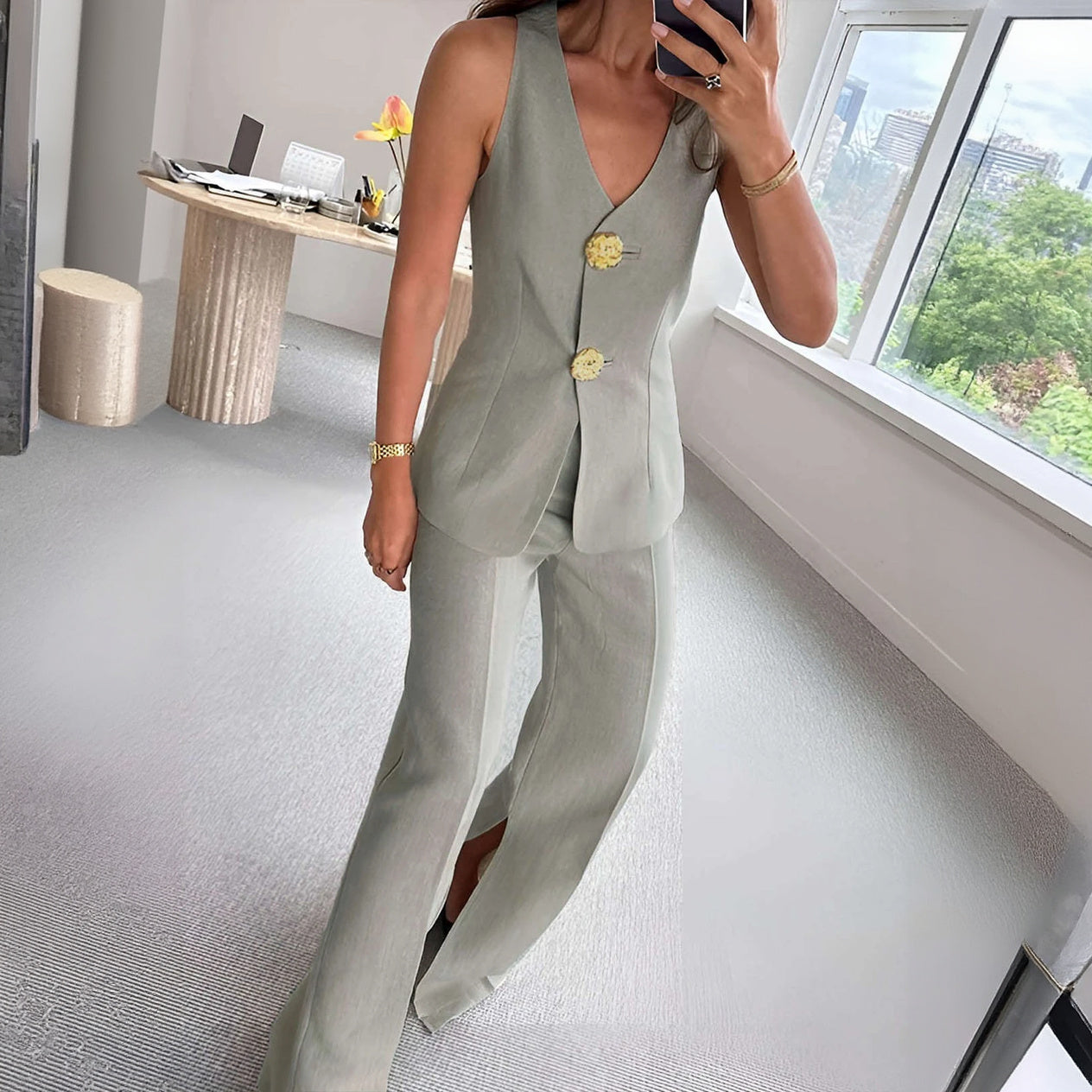 Tailored Vest Suit - Wide-Leg Trousers, Sage Green