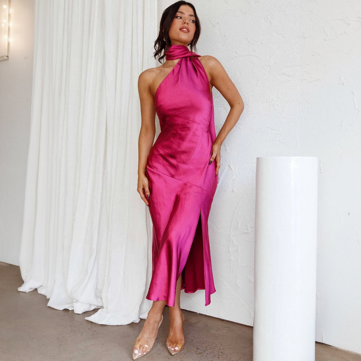 Asymmetrical Midi Dress - Halter Neck, Fitted