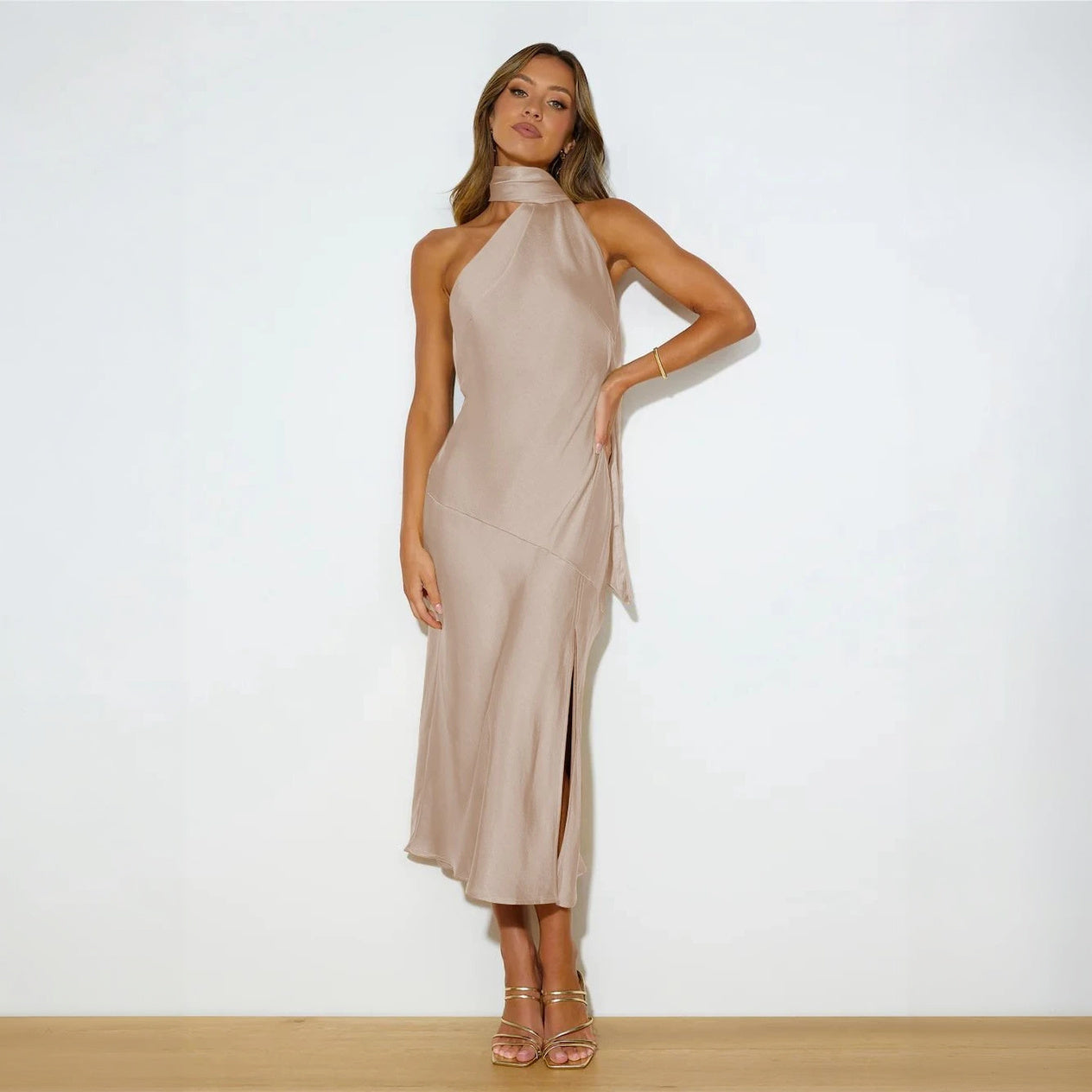 Asymmetrical Midi Dress - Halter Neck, Fitted