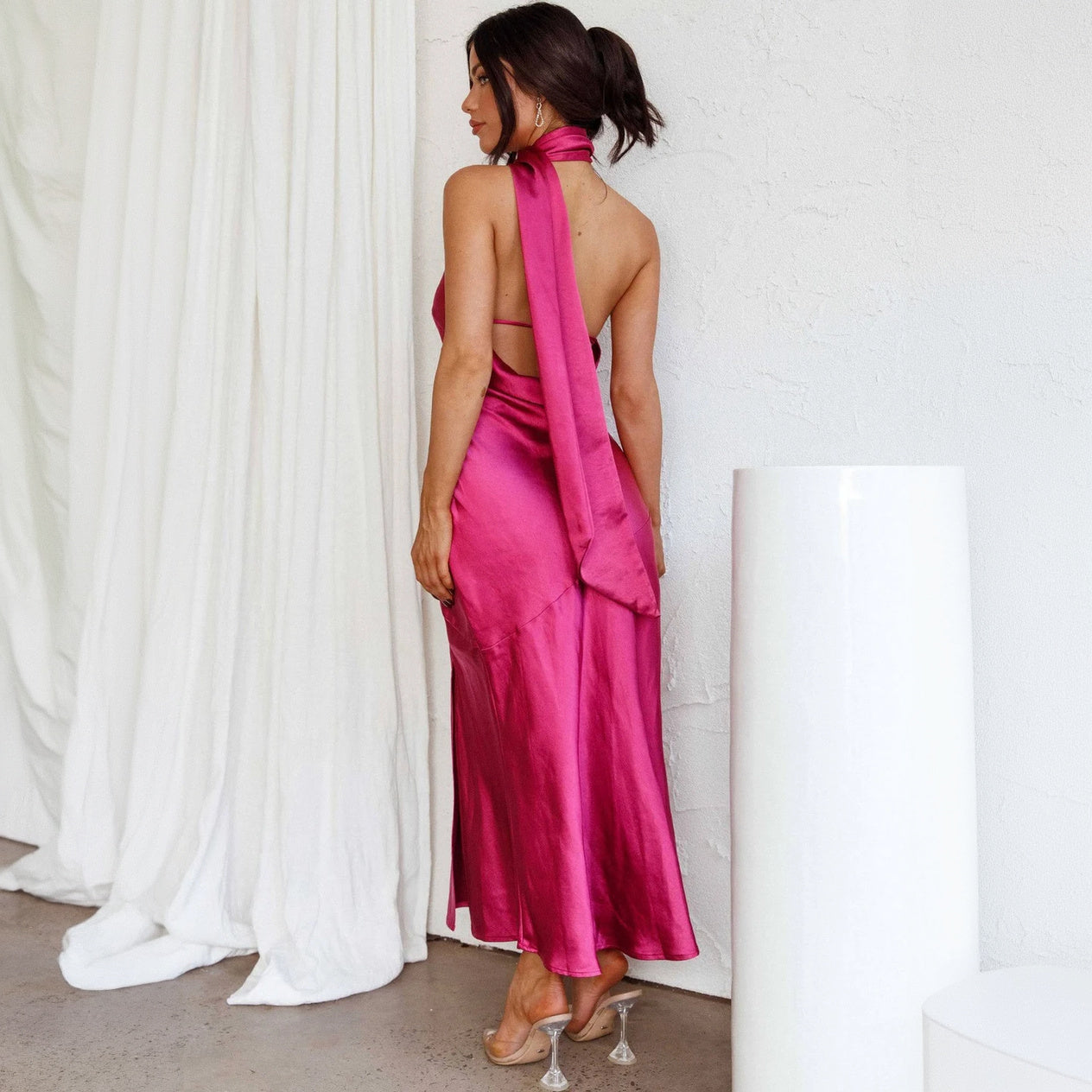 Asymmetrical Midi Dress - Halter Neck, Fitted