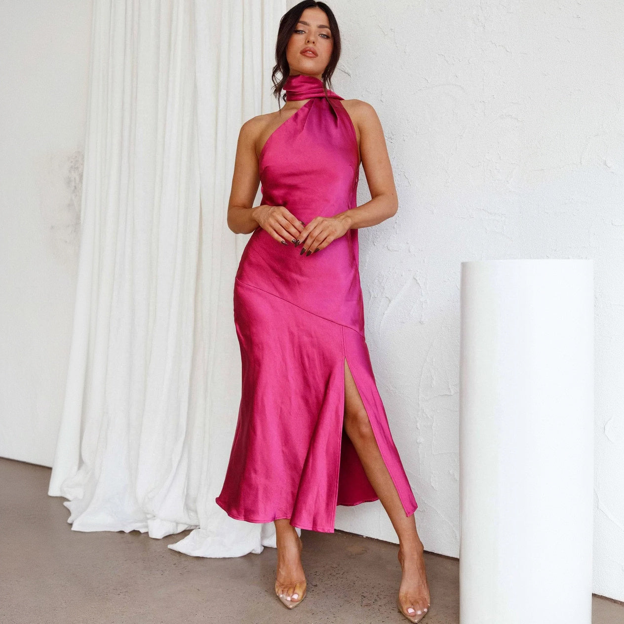 Asymmetrical Midi Dress - Halter Neck, Fitted