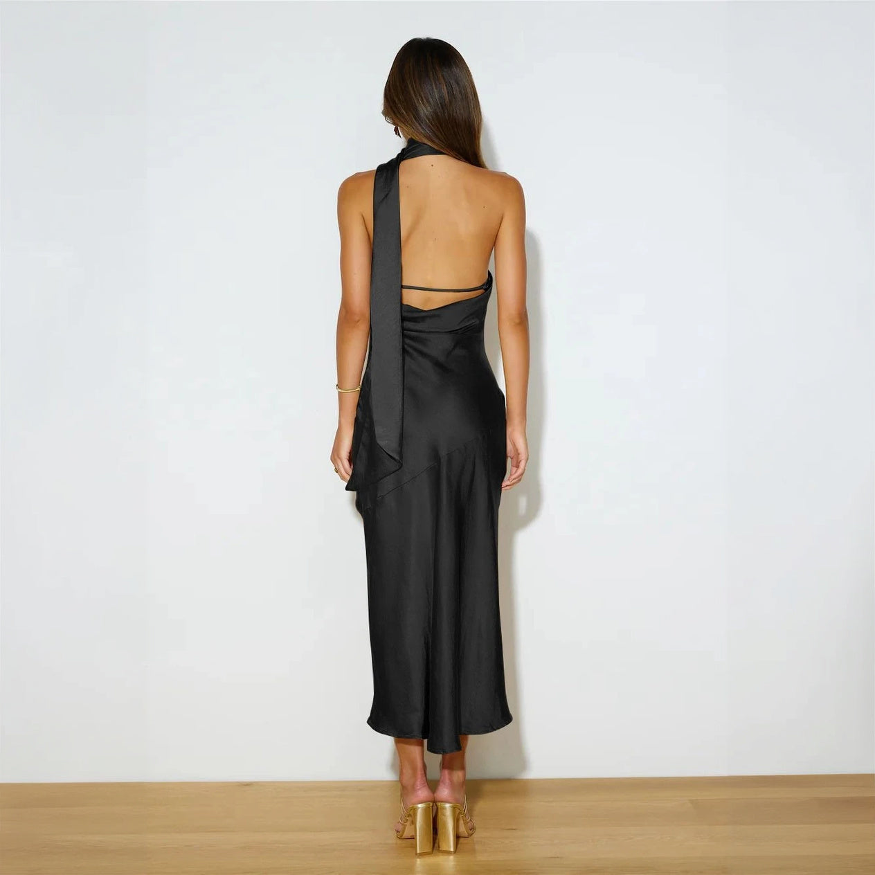Asymmetrical Midi Dress - Halter Neck, Fitted