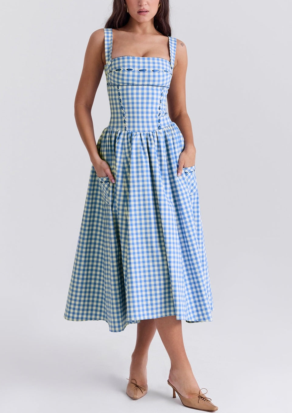 Women's Gingham Dress – Square Neck, Button Front, Classic Style-83592-7759cc05-f110-4f25-b0cc-cc21e971c471