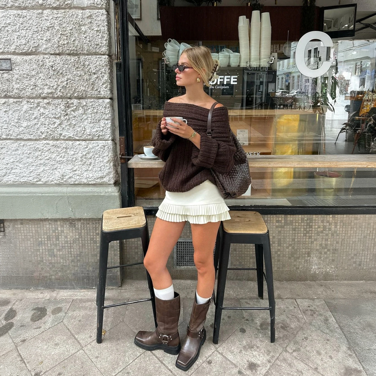 Asymmetrical Knit Top - Pleated Skirt Detail