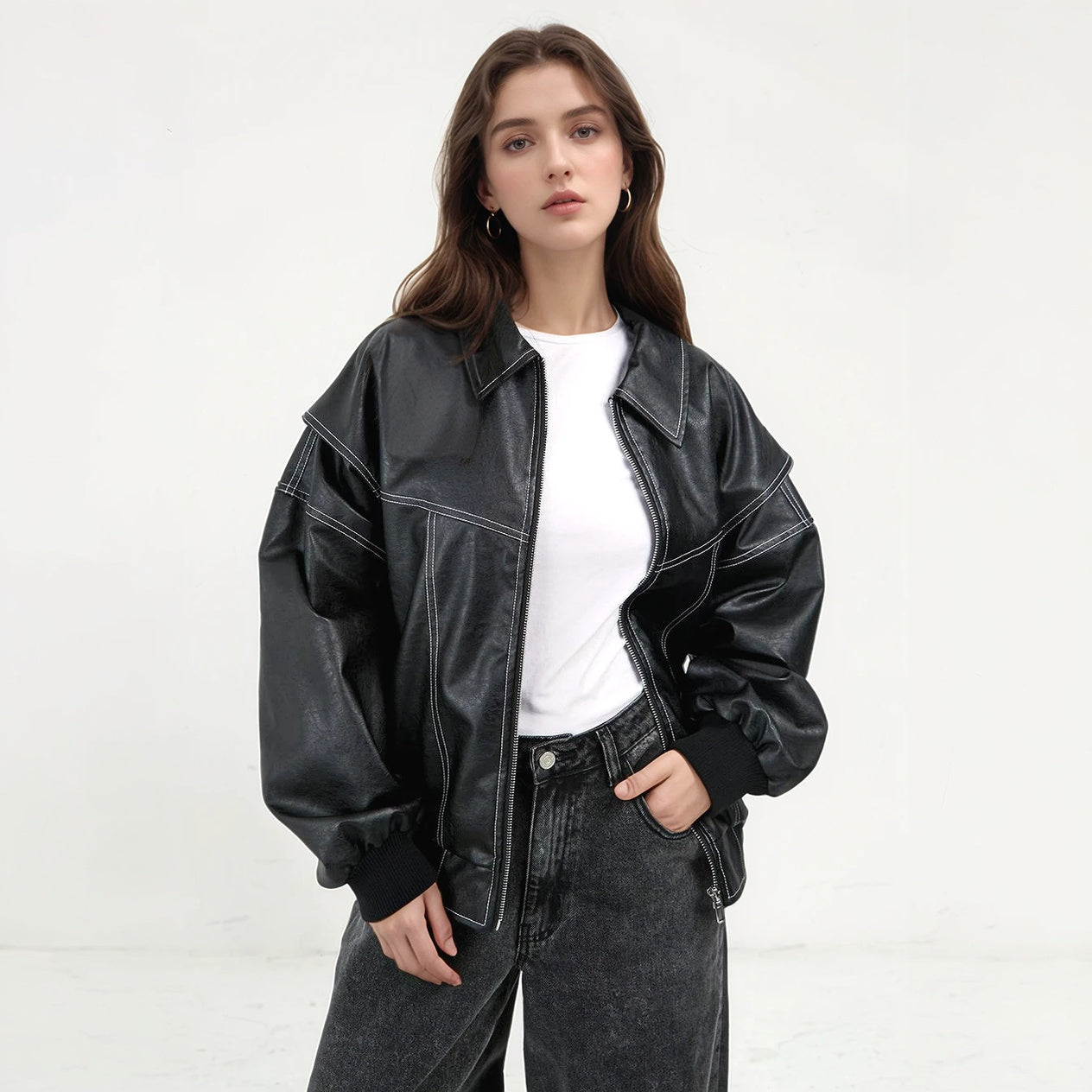 Stitch Detail Oversized Bomber Jacket