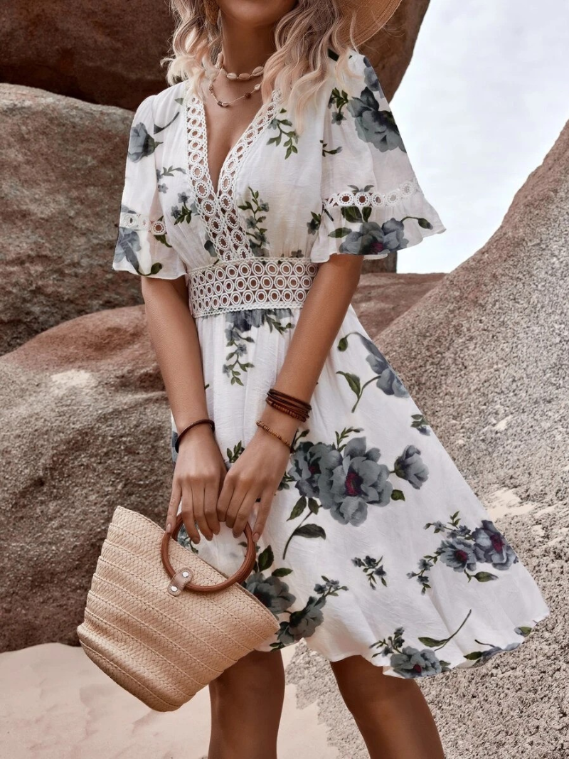 Floral Lace Trim Flowing A-Line Dress