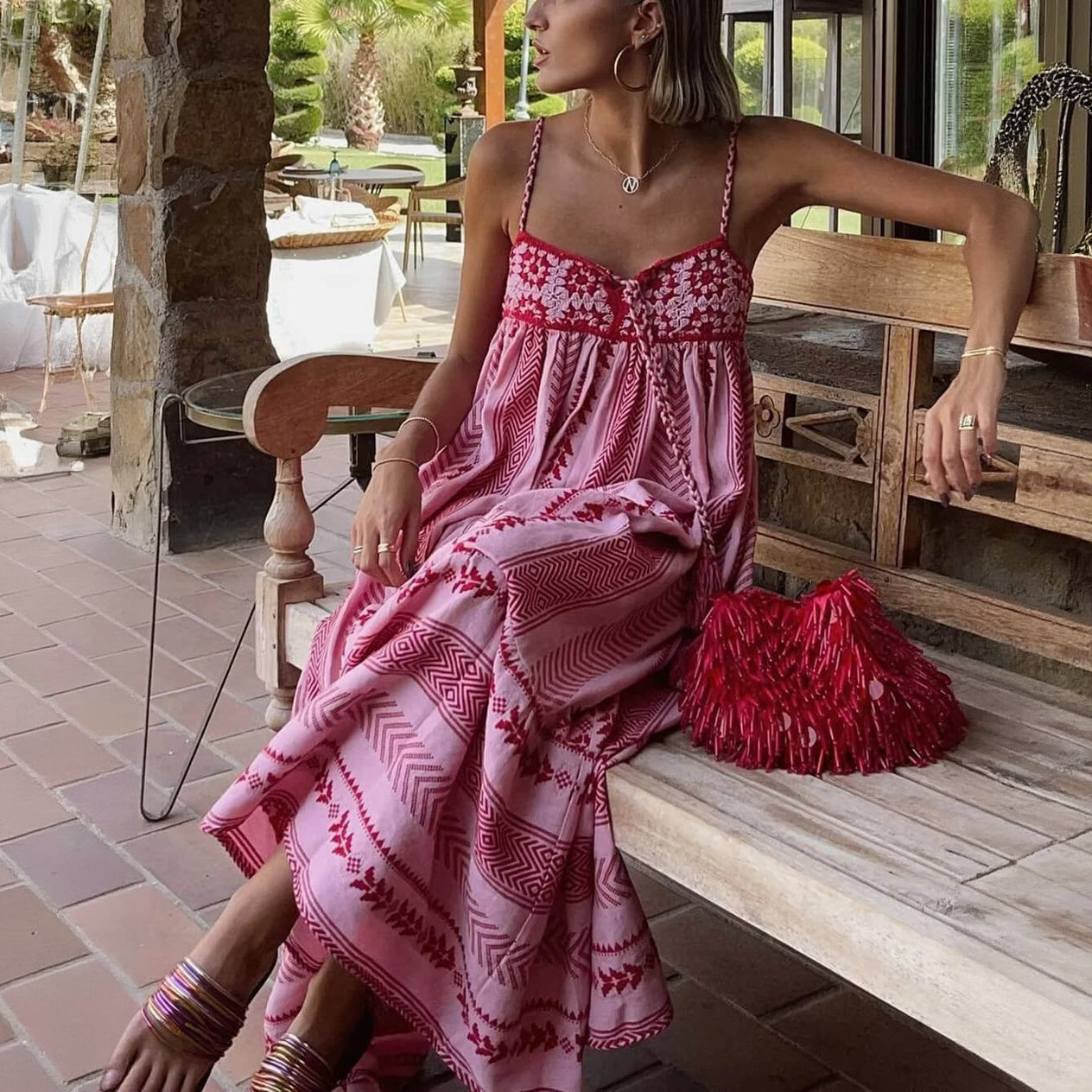 Bohemian Embroidered Maxi Dress with Tassels