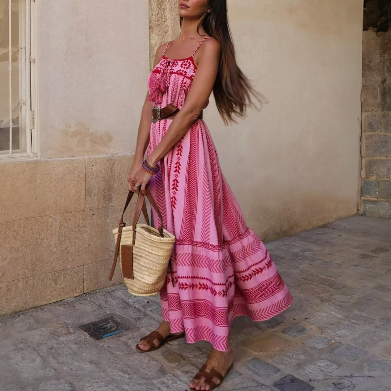 Bohemian Embroidered Maxi Dress with Tassels