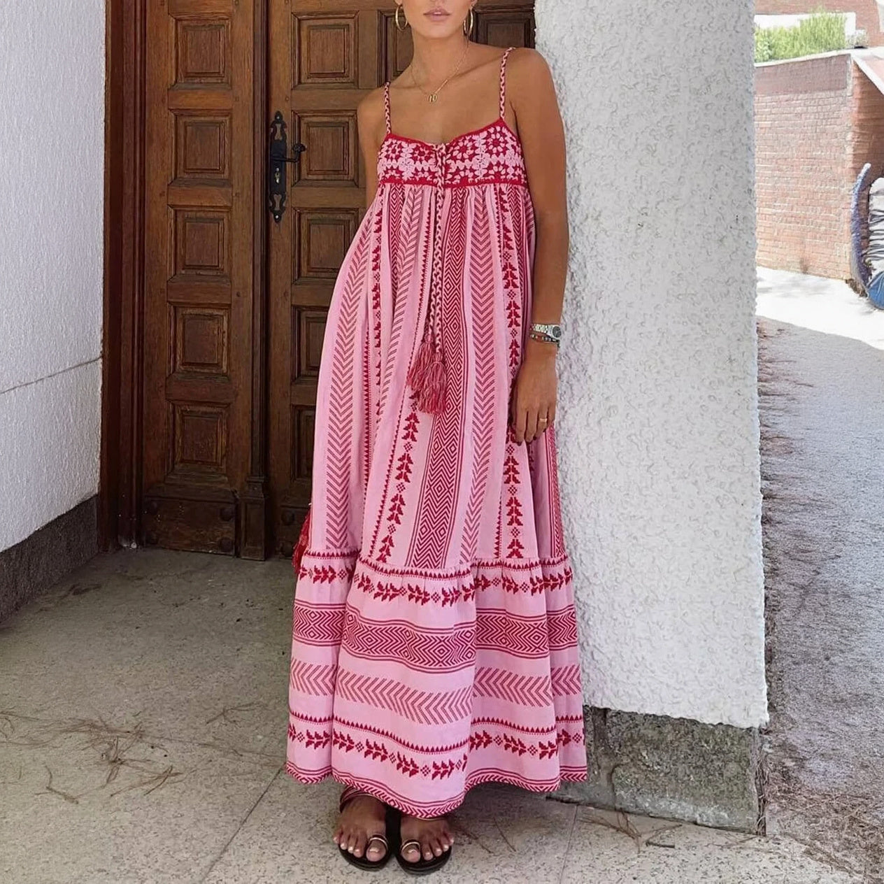 Bohemian Embroidered Maxi Dress with Tassels