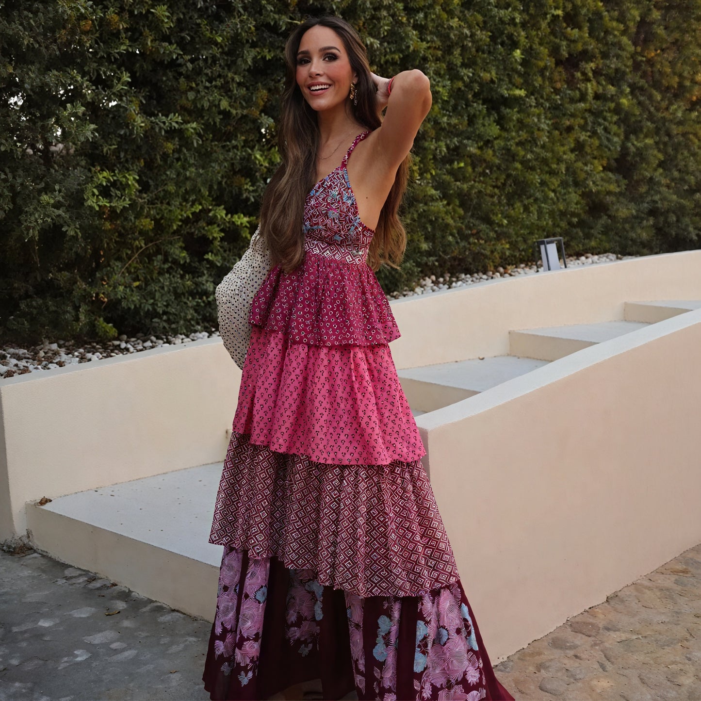 Bohemian Halter Maxi Dress - Patterned Tiered Skirt