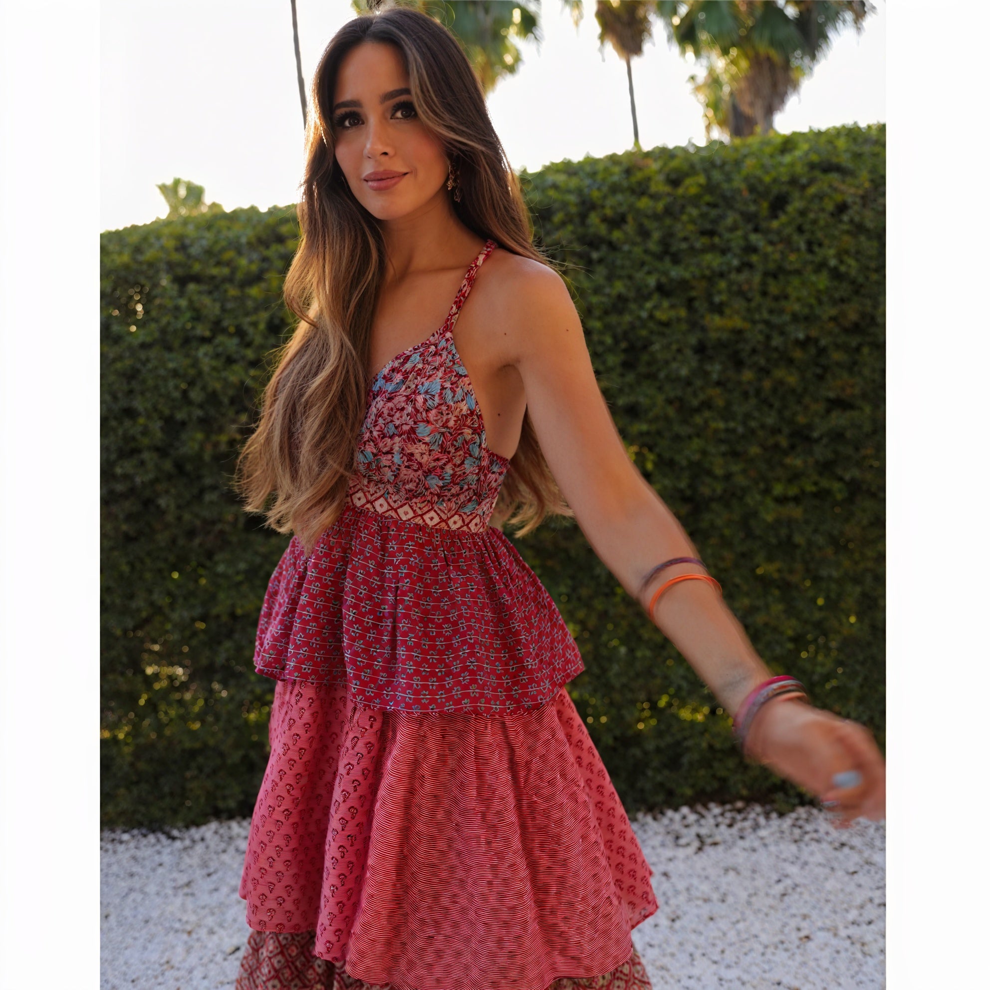 Bohemian Halter Maxi Dress - Patterned Tiered Skirt