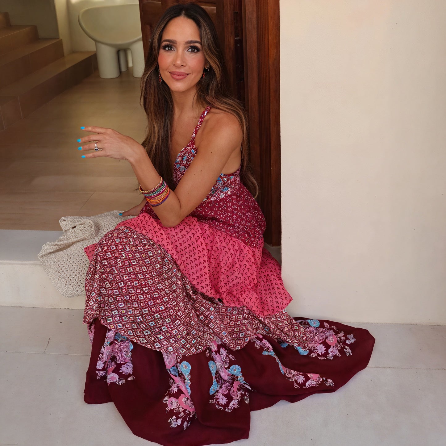 Bohemian Halter Maxi Dress - Patterned Tiered Skirt