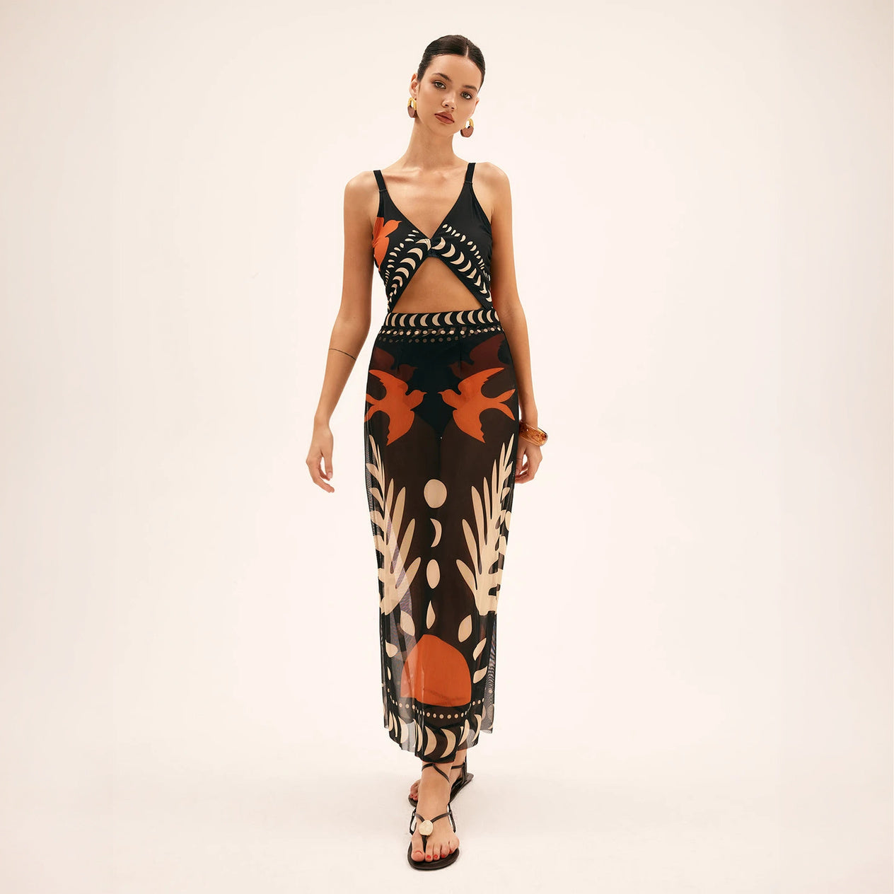 Abstract Maxi Dress - Keyhole Neckline, Sheer