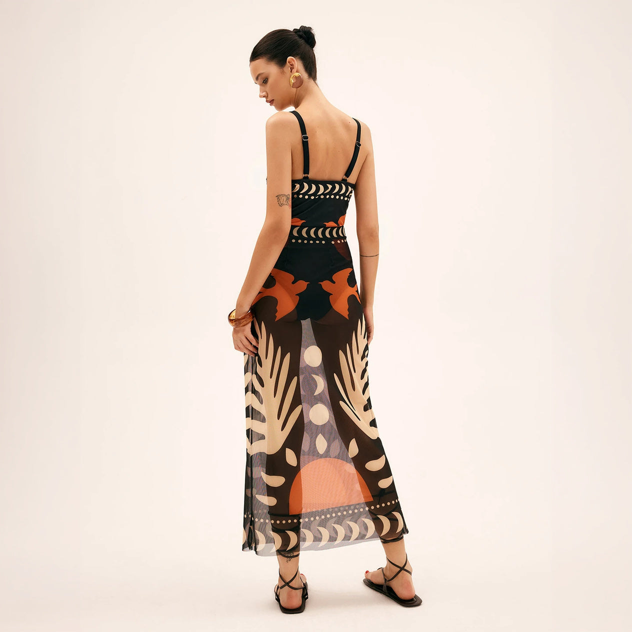 Abstract Maxi Dress - Keyhole Neckline, Sheer