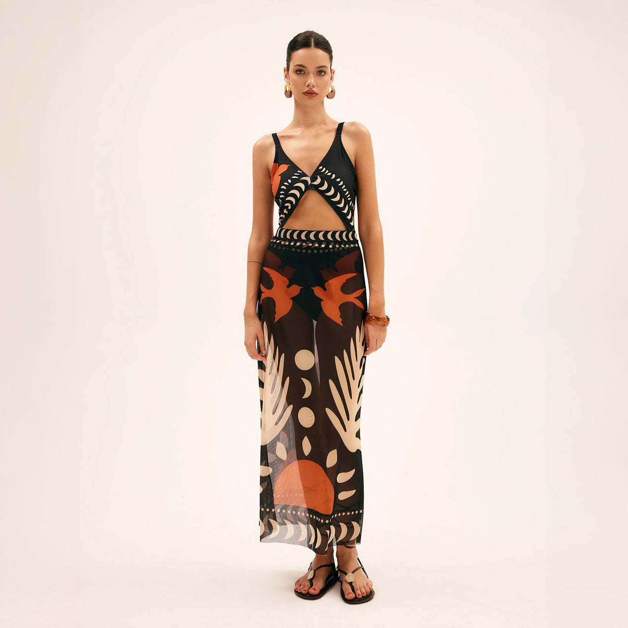 Abstract Maxi Dress - Keyhole Neckline, Sheer