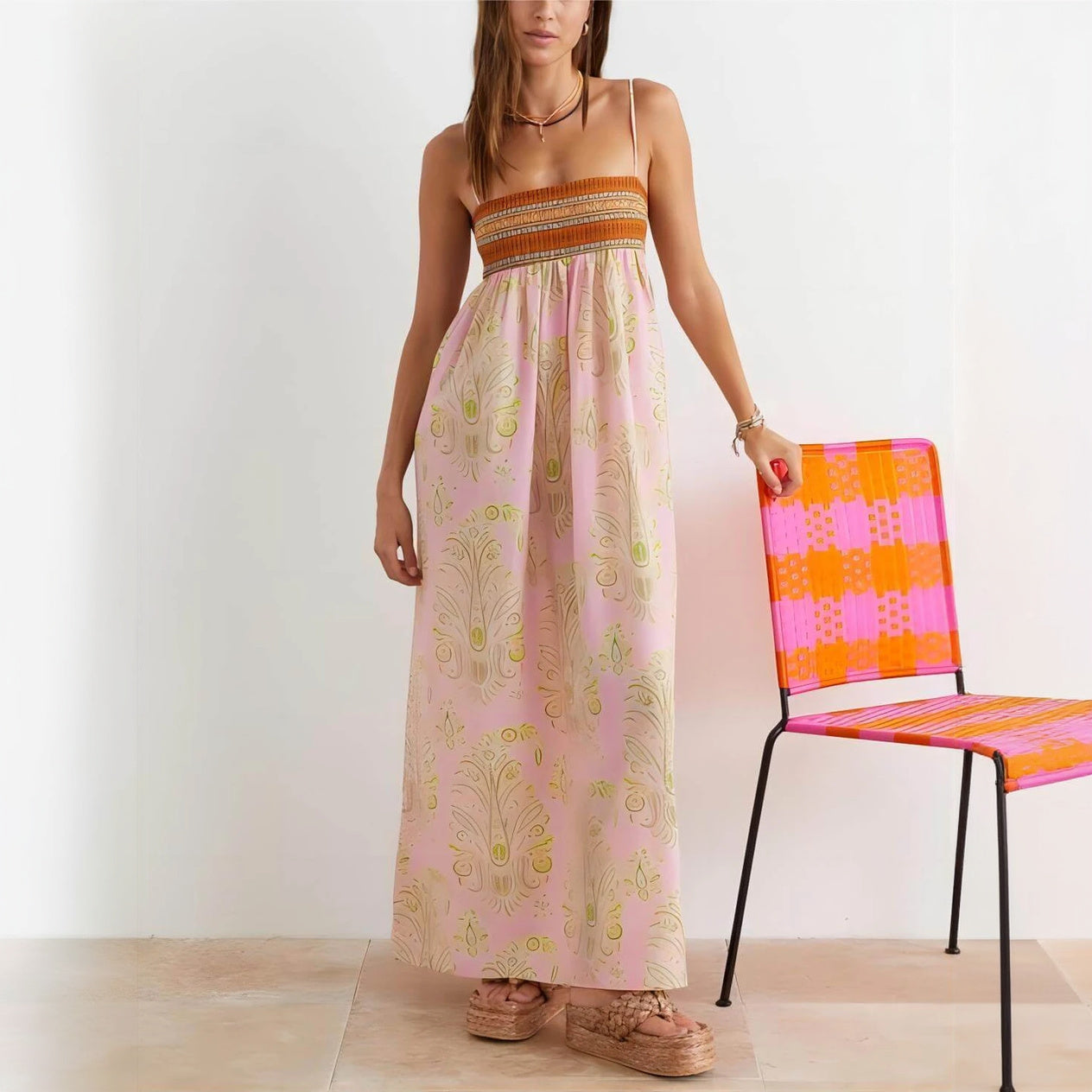 Bohemian Maxi Dress - Woven Bodice, Pink