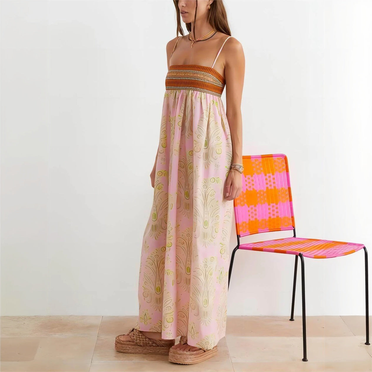 Bohemian Maxi Dress - Woven Bodice, Pink