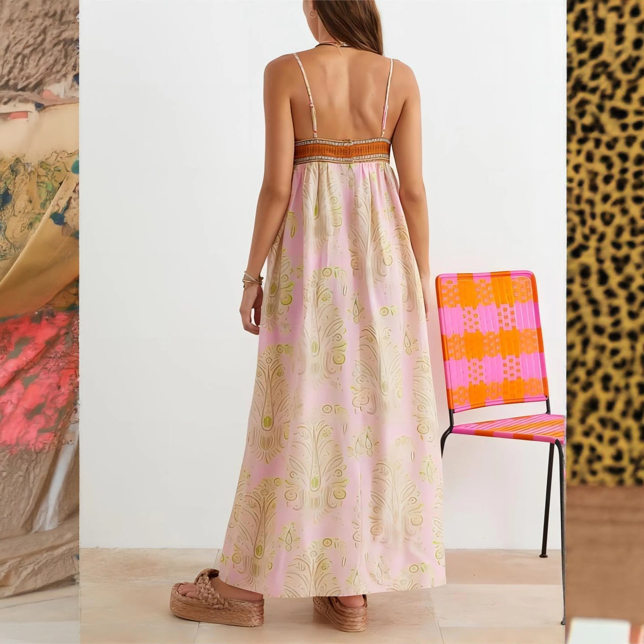 Bohemian Maxi Dress - Woven Bodice, Pink