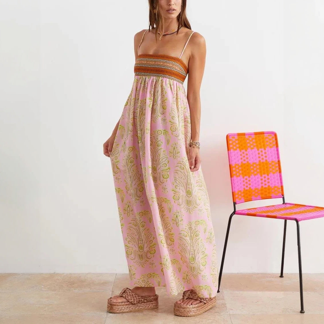 Bohemian Maxi Dress - Woven Bodice, Pink