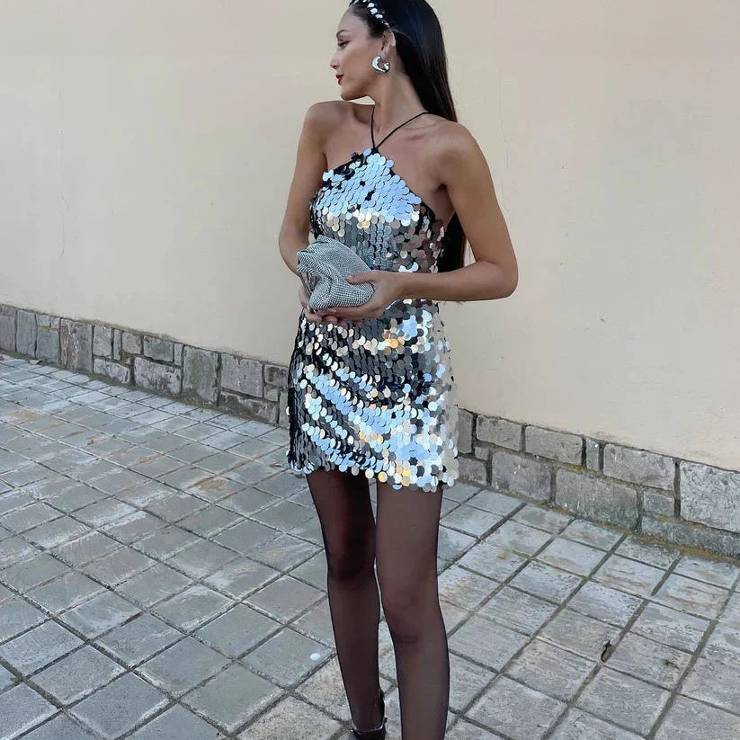 Sequin Halter Mini Dress - Fitted Cocktail Style