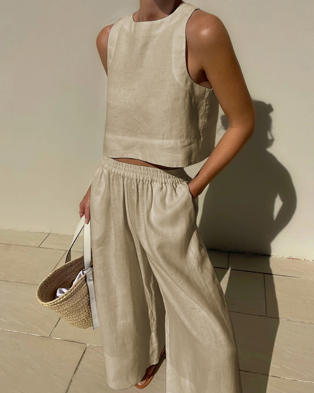 Sleeveless Crop Top with Wide-Leg Pants